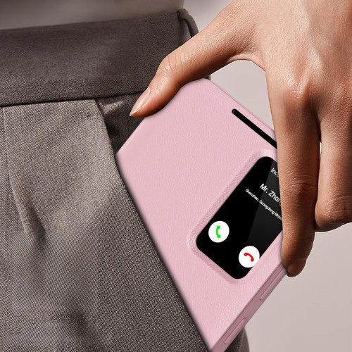Samsung Galaxy S25 Ultra Leder Hülle Small Window View Flip Case Litchi Look- Rosa