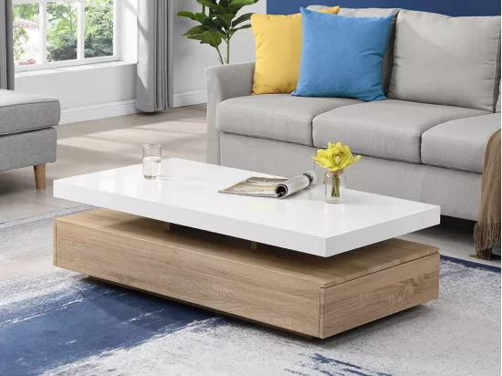 Table basse avec 2 tiroirs en MDF - Naturel clair et blanc - FELIX
