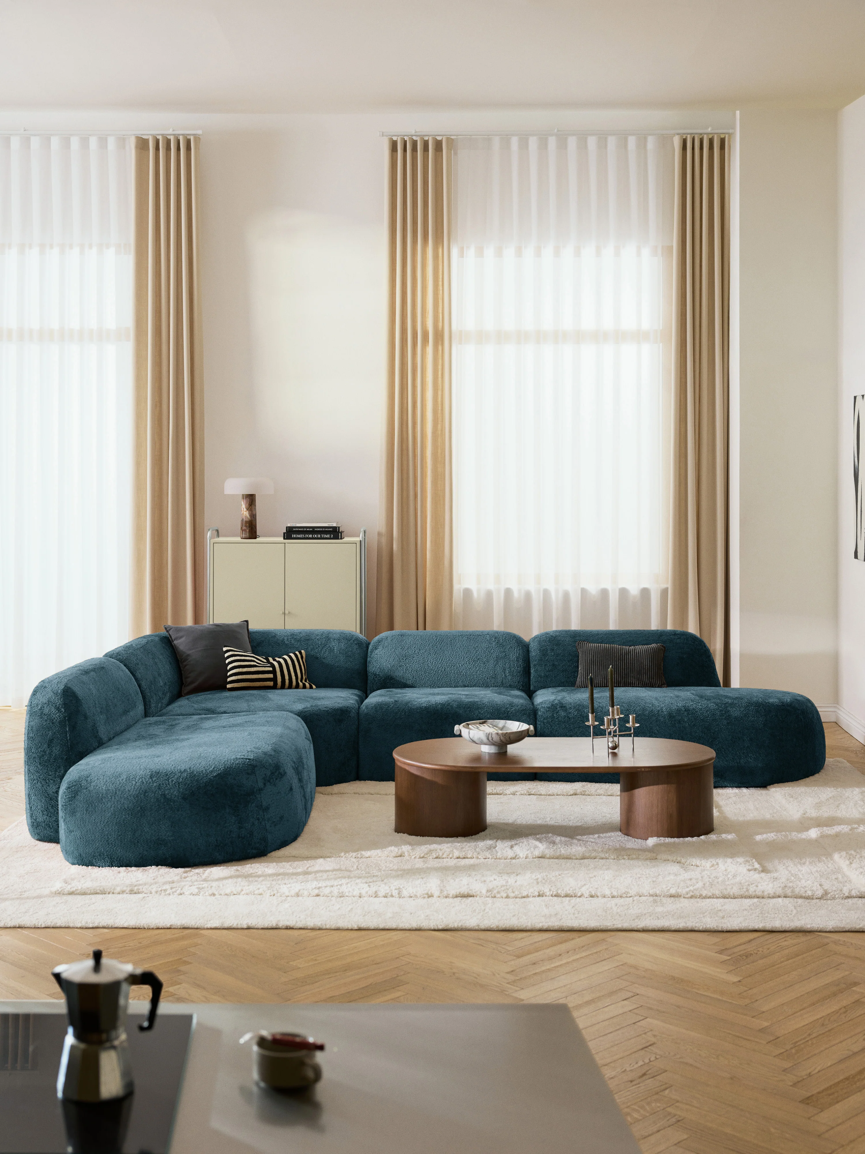 XL modulaire teddy bouclé hoekbank Wolke (4-zits) met chaise longue