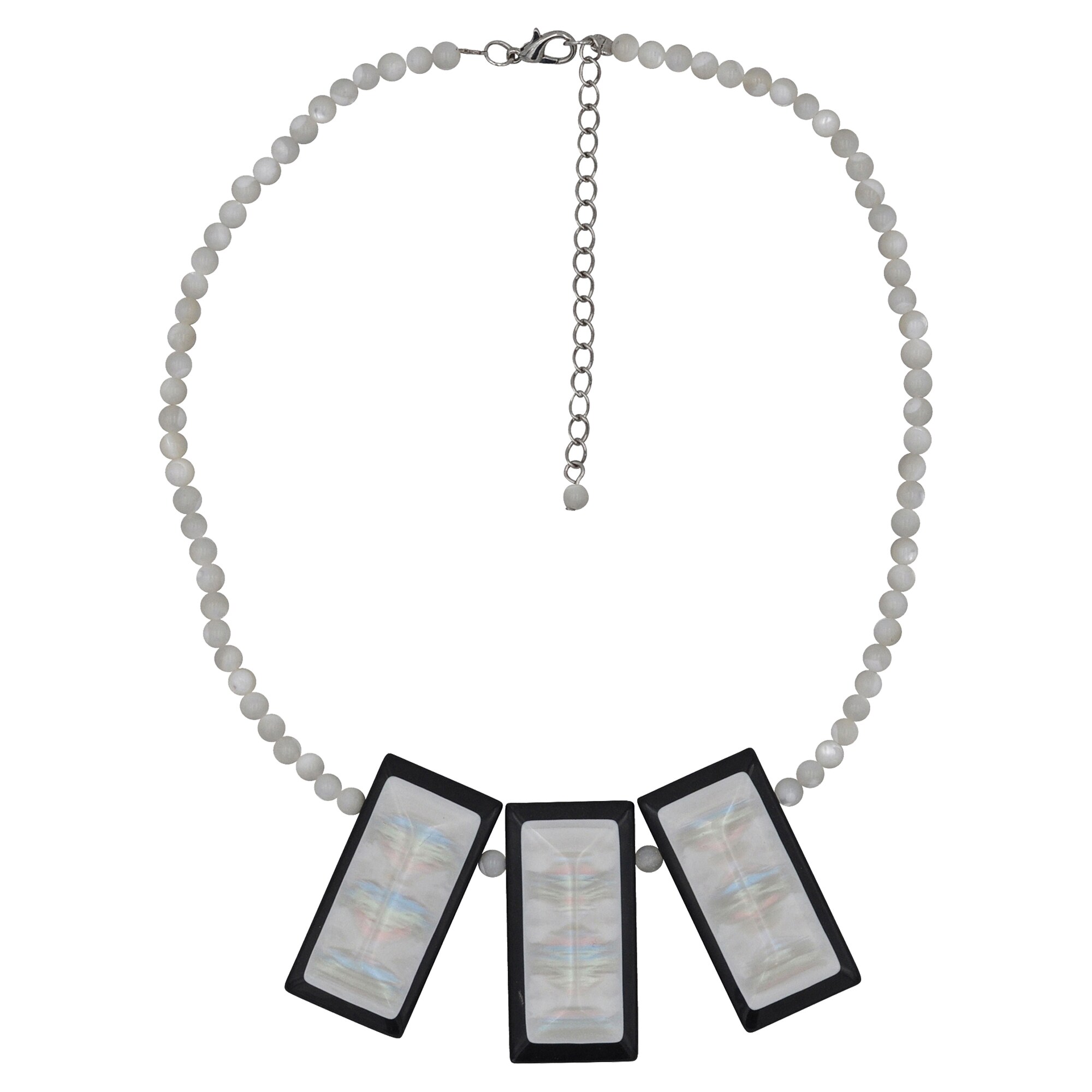 Steuer Modeschmuck Kette Collier mit 3 Zier-Rechtecken, Perlmutt/schwarz