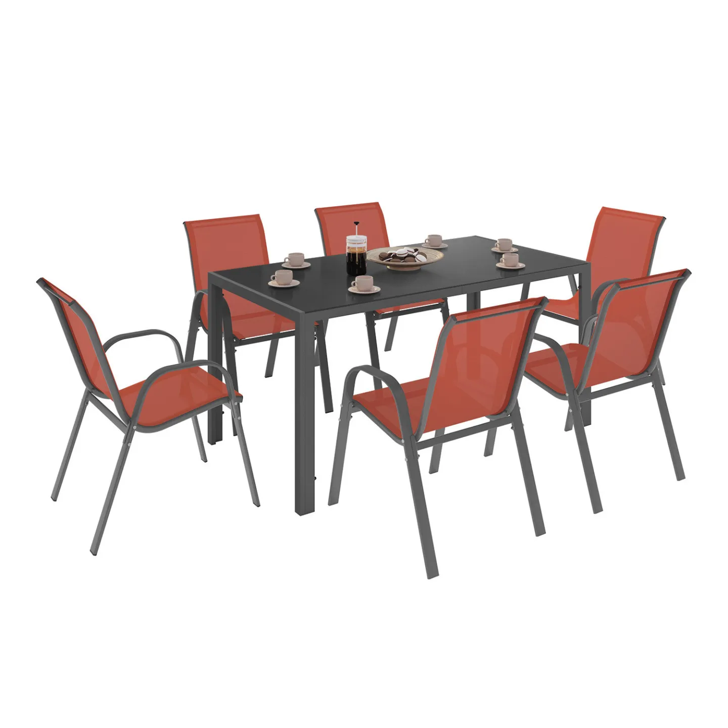Salon de jardin MADRID table 150 CM et 6 chaises empilables terracotta