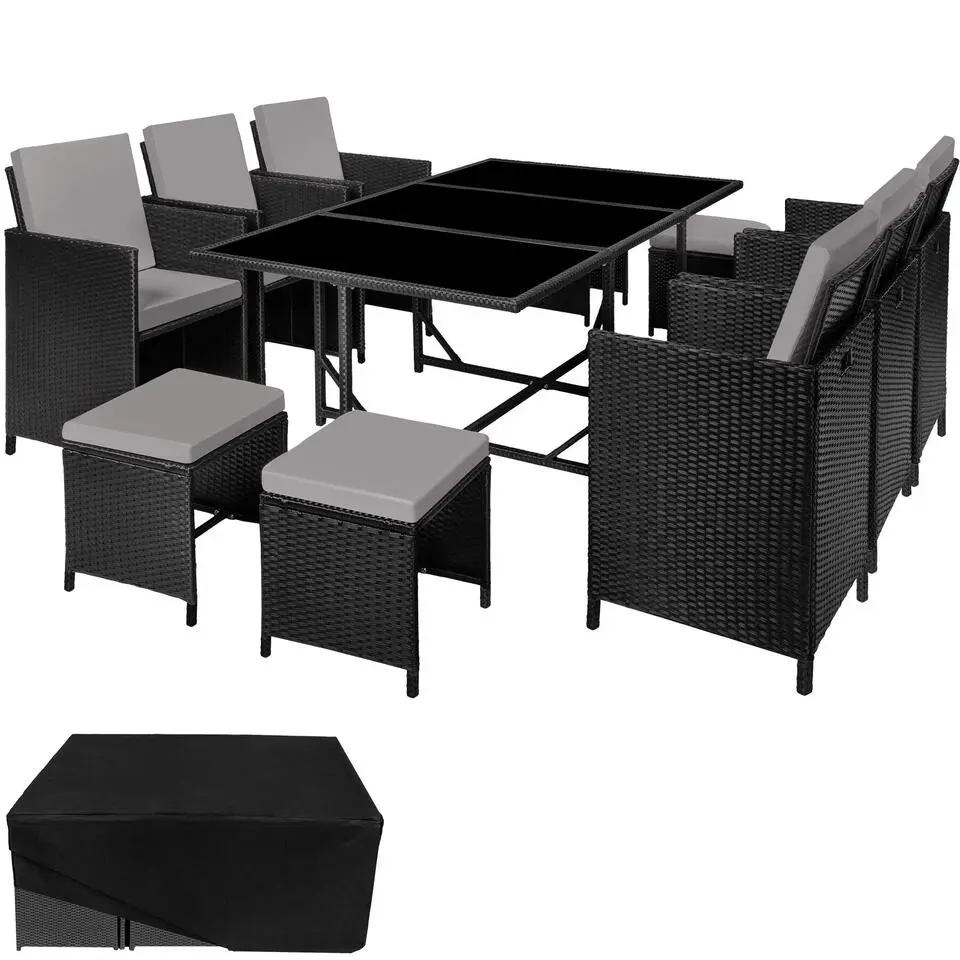 tectake - tuinset Malaga 6 4 1 met regenhoes - wicker - zwart/grijs