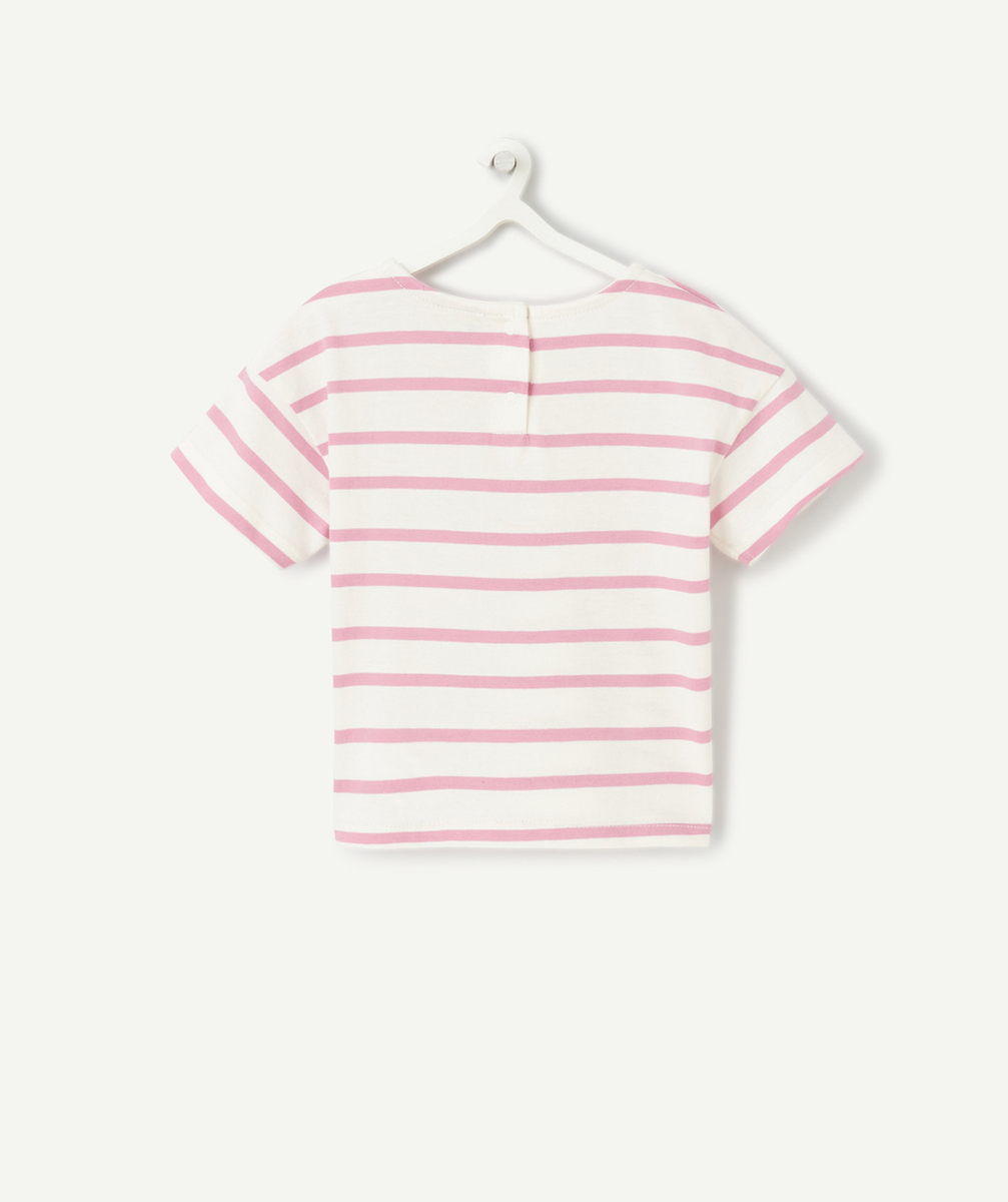 T-SHIRT BÉBÉ FILLE EN COTON BIO RAYÉ ROSE AVEC PATCH BLEU
