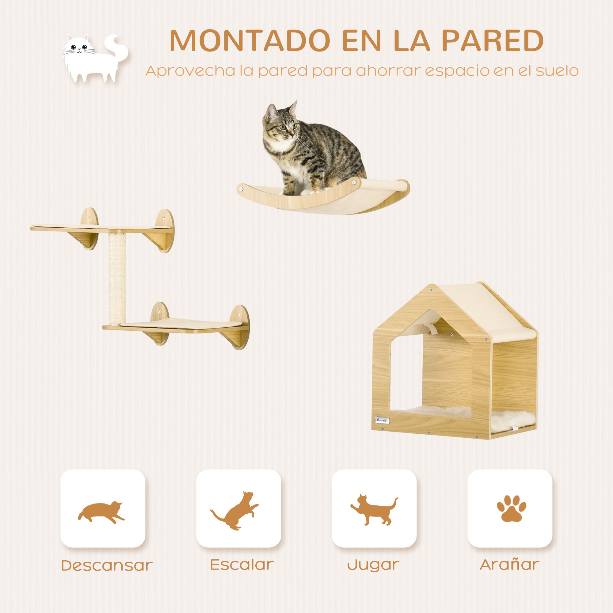 Conjunto de 3 peças PawHut com prateleiras para gatos, incluindo plataforma para escalada, casinha, rede e poste de sisal em carvalho.