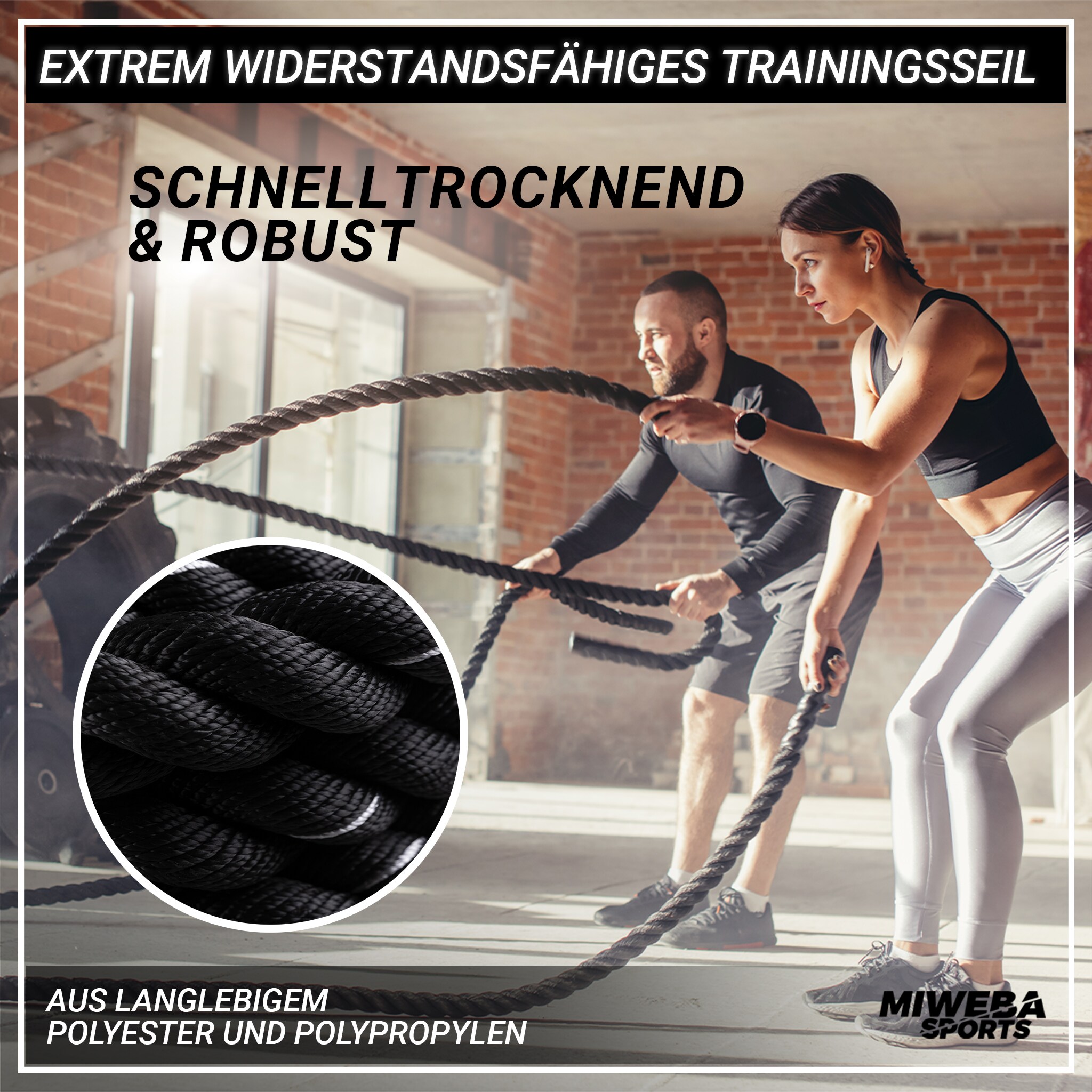 Miweba Sports Battle Rope BR100, 9 oder 12 m langes Trainingsseil, 3-Strang Twisted-Design, Ø 4 cm (9,0 m)
