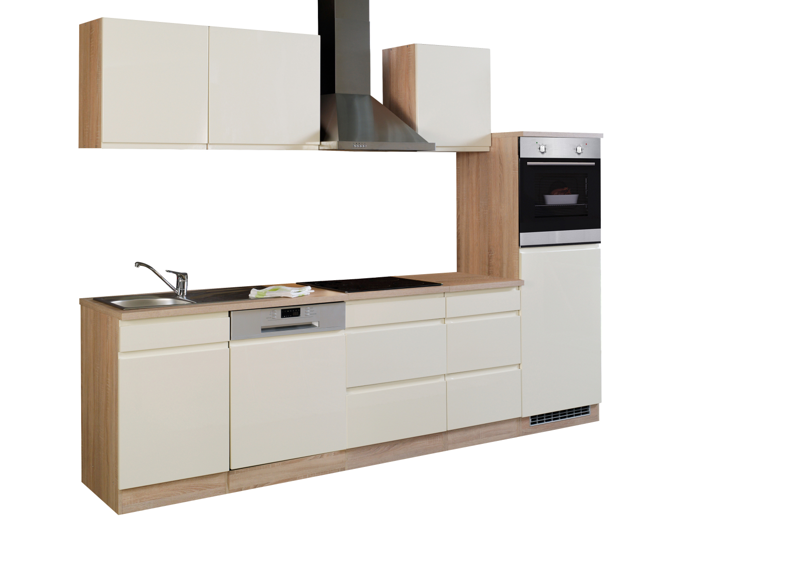 Küchenblock WIEN - creme Hochglanz-Sonoma Eiche - mit E-Geräten - 280 cm