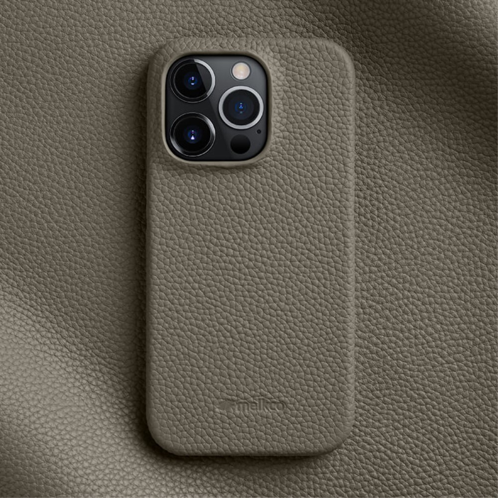 iPhone 14 Pro Max Echtleder Hardcase Hülle Litchi Look - Grau