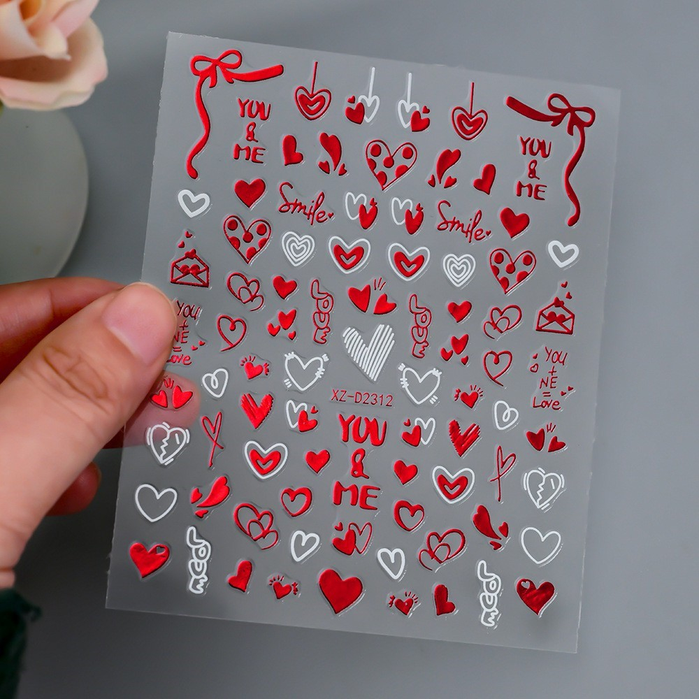 (808-tlg. Set) Nagel Sticker Nail Art Tattoo Selbstklebende Aufkleber Valentinstag - Rot / Weiss