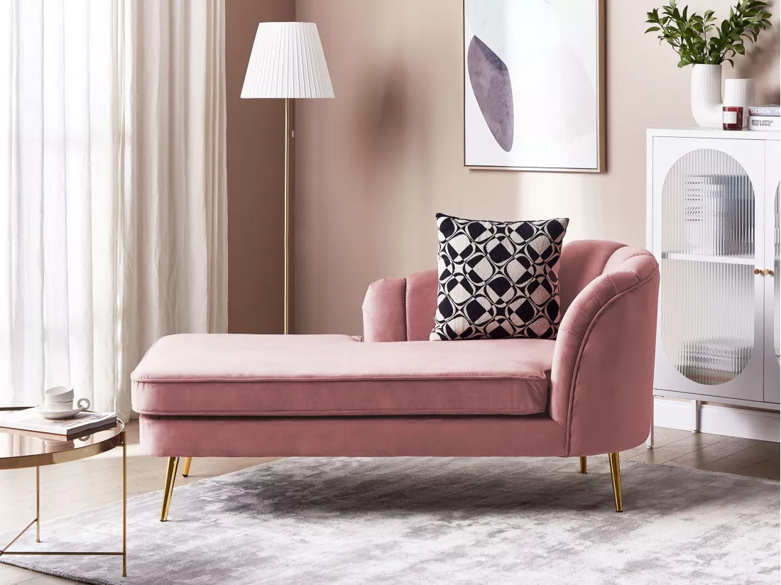 Chaise longue côté droit en velours rose ALLIER