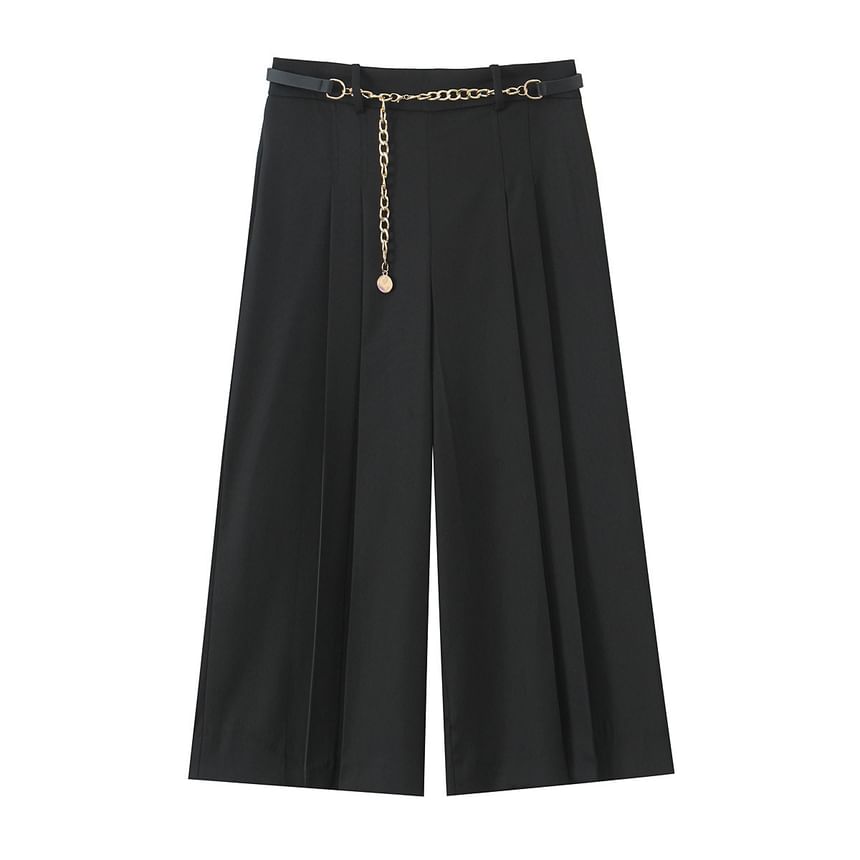 Avauntgardo - Set: Hoge taille effen geplooide capribroek met wijde pijpen + tailleketting