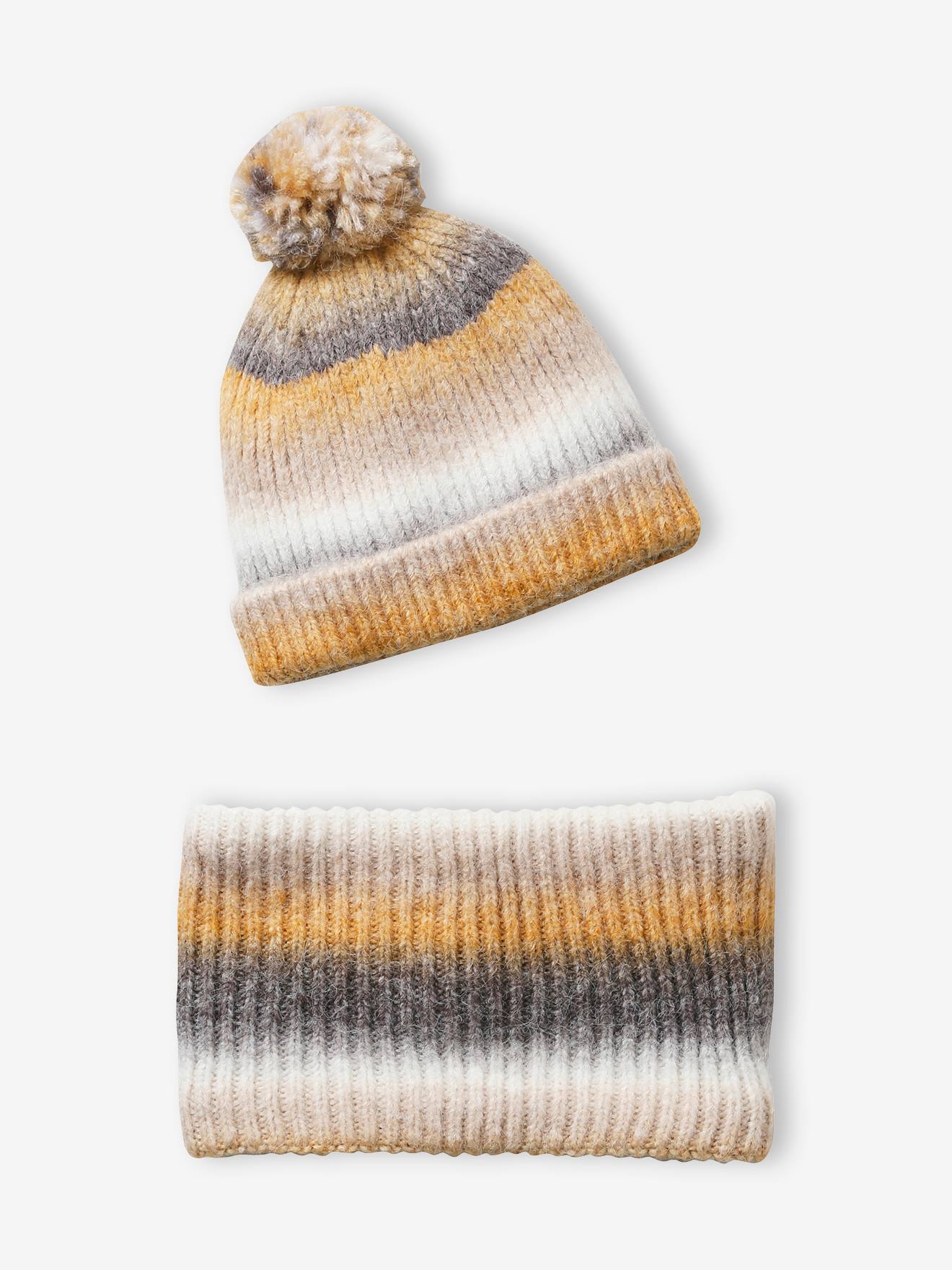 Conjunto de gorro e cachecol em jacquard bege claro para meninas com estampa.