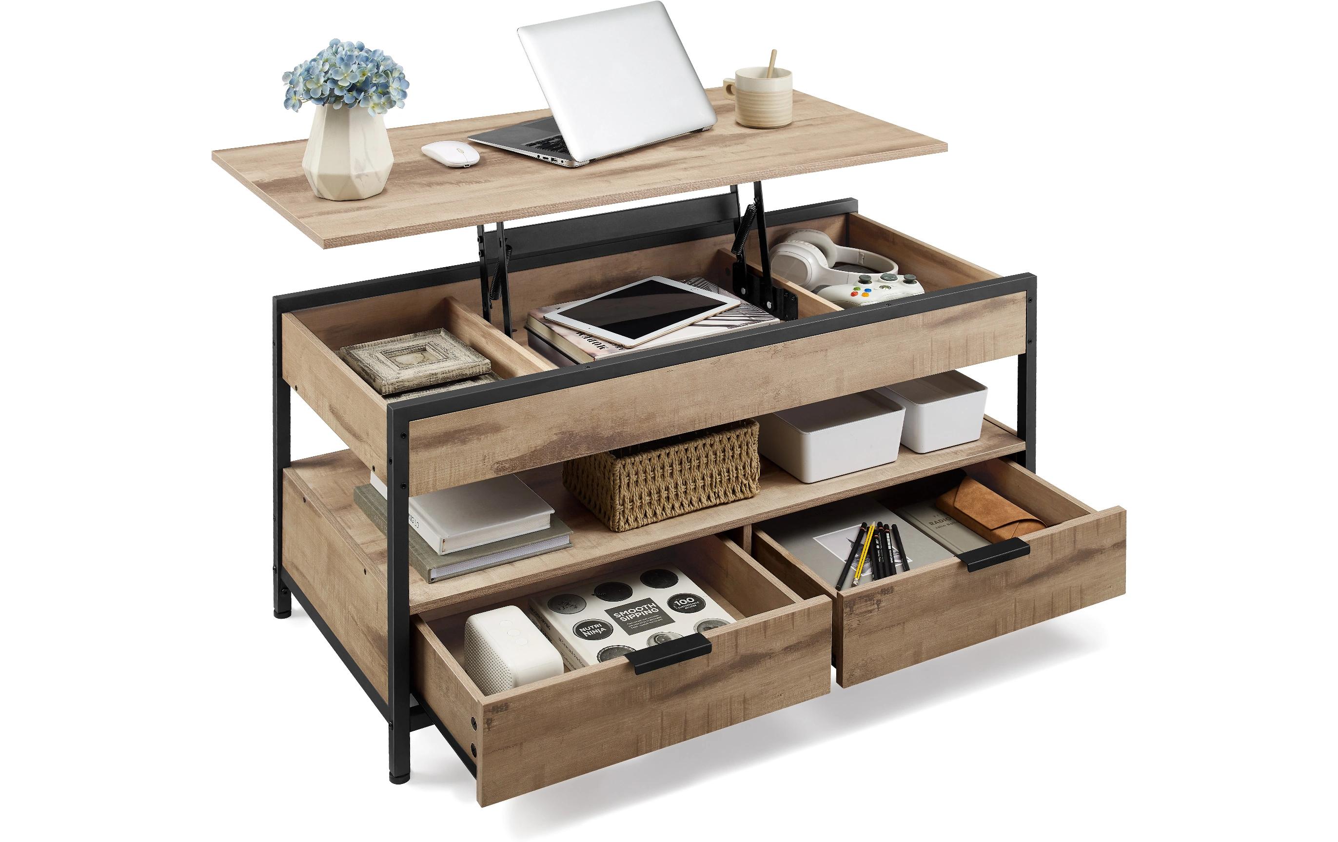 Couchtisch 100 x 48 cm/63 cm, Braun<br>Wohnzimmertisch mit hochklappbaren Schubladen