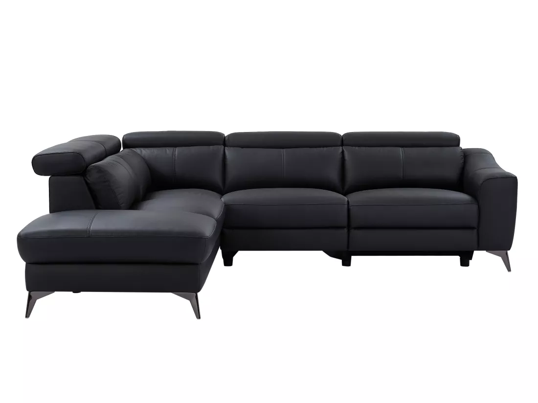 Canapé d'angle gauche relax électrique en cuir noir FORLO
