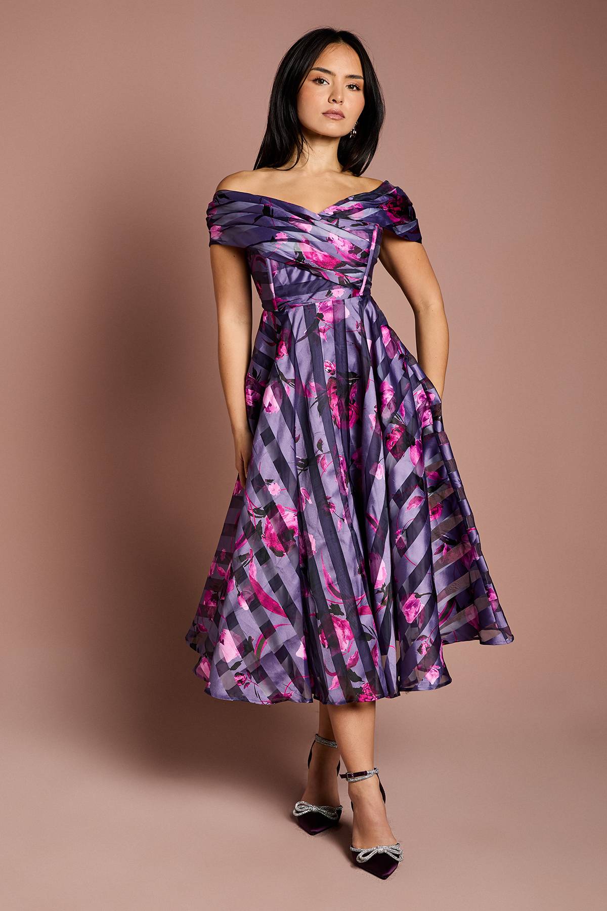 Coast Robe Midi Plissée en Organza Rayé Petite Taille