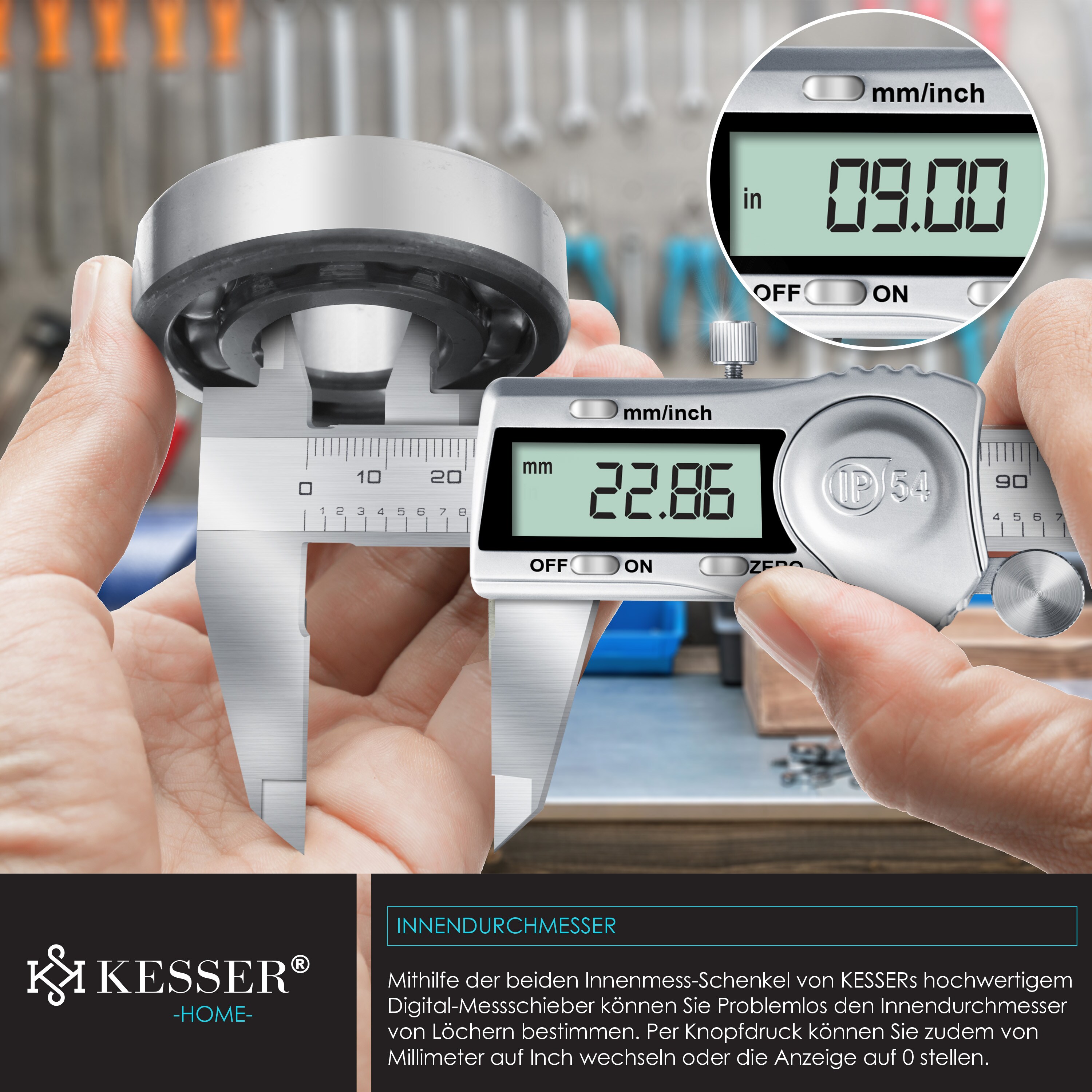 KESSER® Digital Messschieber Edelstahl 150mm LCD Display Inkl. Aufbewahrungsbox Ersatzbatterie Schieblehre Messlehre für Innen-, Außen feinste Abstände und Durchmesser IP54 Spritzwasserdicht