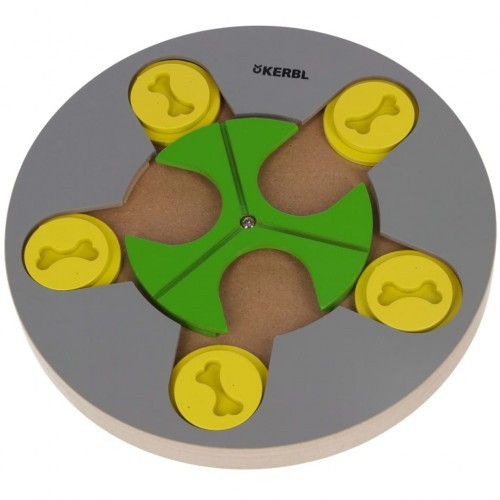 Brinquedo de interação para cães, cinza e verde.