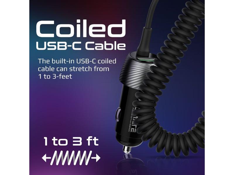 Promate Autoladegerät PowerDrive-33PDC QC3.0, Car Charger Schnelllade-Adapter mit USB-C Spiralkabel