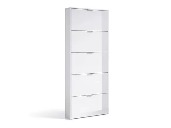 Commode meuble à chaussures en bois de 5 abattants couleur blanc brillant - Longueur 70 x Hauteur 180 x Profondeur 17 cm