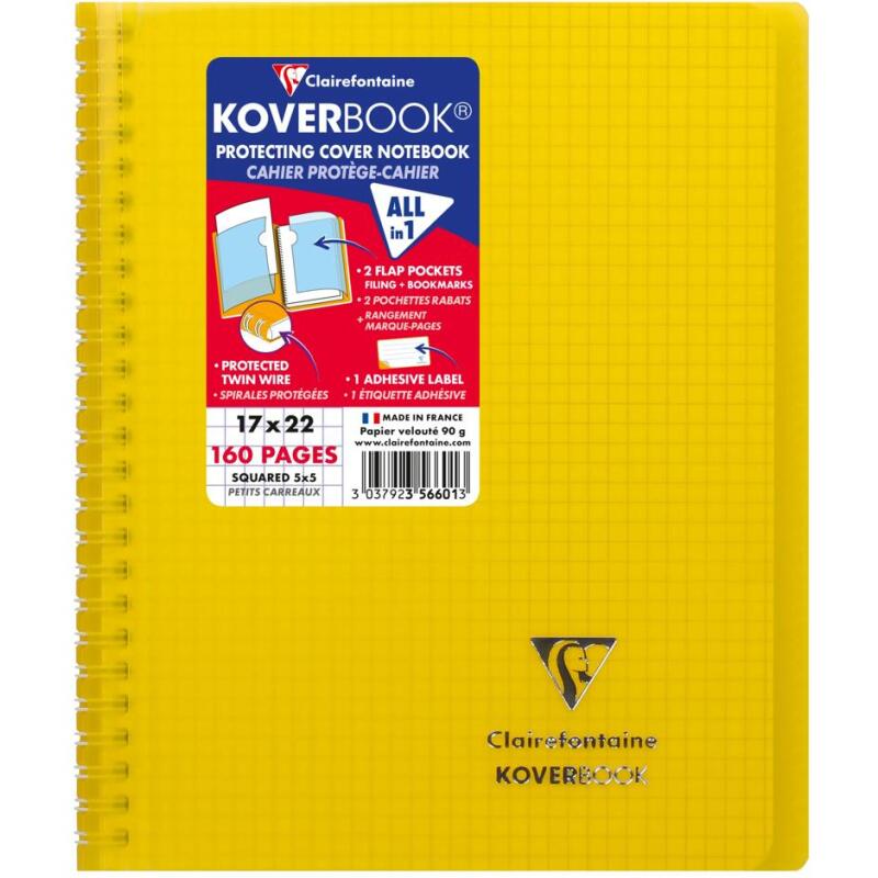 Cahier reliure intégrale enveloppante Koverbook 17x22cm 160 pages petits carreaux couverture polypropylène transparent - Assortis