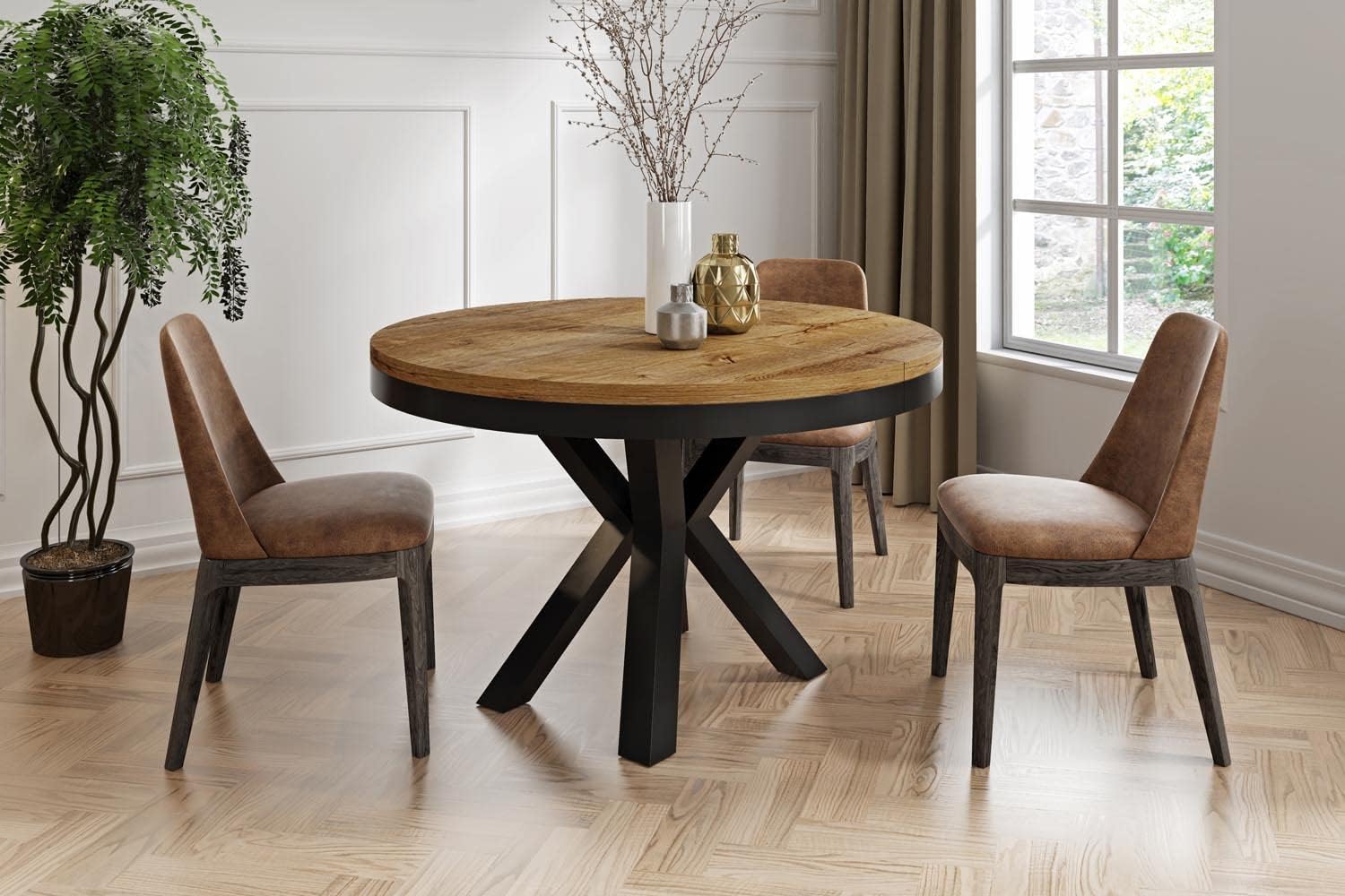 WFL GROUP Runder Ausziehbarer Esstisch im Loft-Stil - Industrieller Tisch mit Schwarzen Metallbeinen - Platzsparender Tisch für Wohnzimmer - Lefkas Eiche - 120 bis 200 cm