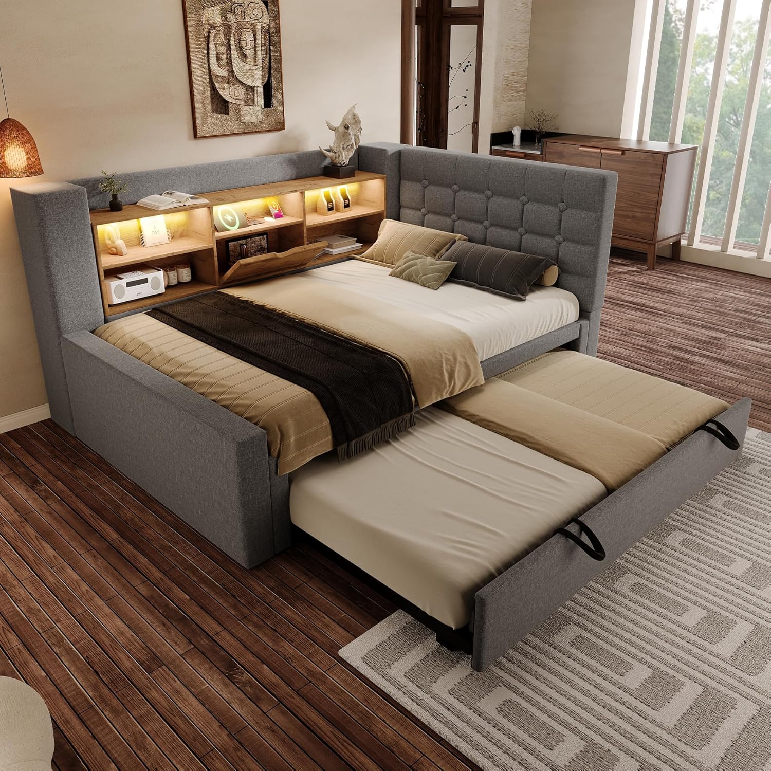 Polsterbett Bett mit LED-Beleuchtung 90x200cm, Mit Ausziehbett 90x190cm, Struraumbett, L-förmigem Kopfteil mit Stauraum, beidseitig montierbar, Lattenrost, Leinen (Grau-A)