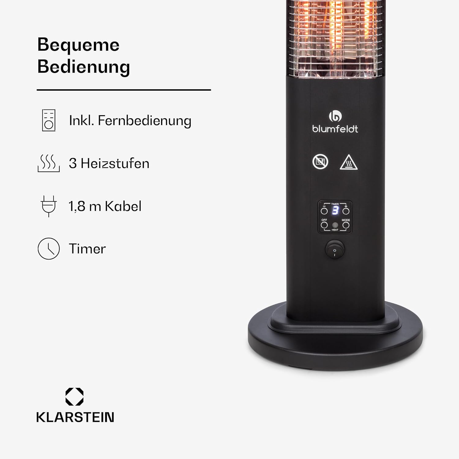 blumfeldt Infrarotheizung, Heizstrahler für den Innenraum, Infrarotheizung Standgerät, Sicher Elektroheizung mit Kippschutz, Energieeffiziente Heizung mit IP65, Terrassen-Heizstrahler, 1200 Watt