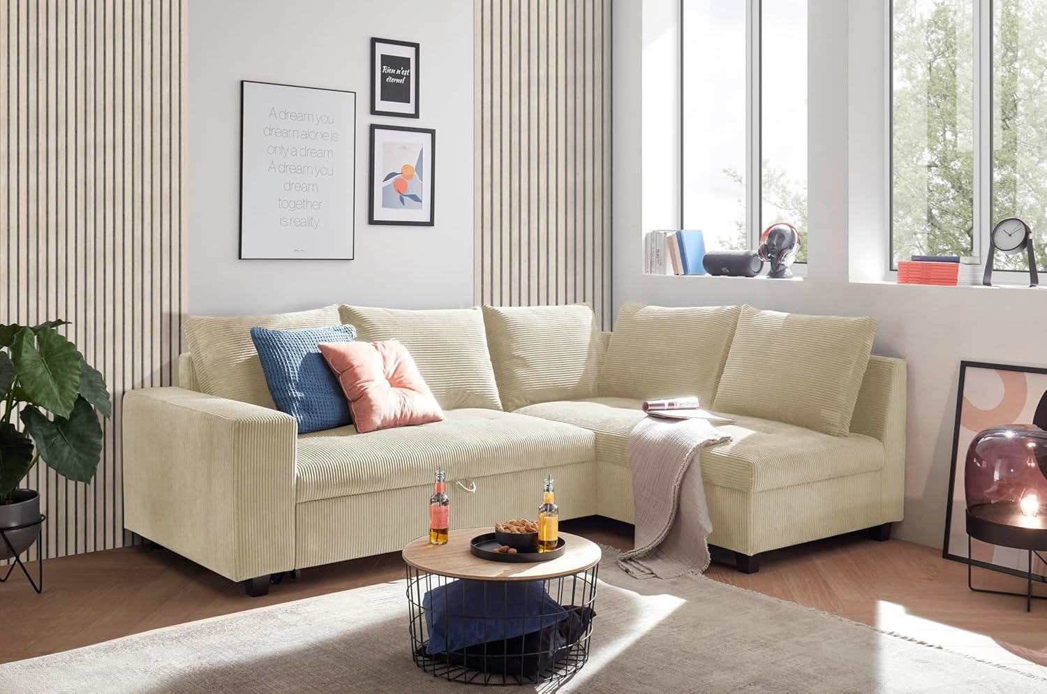 Ecksofa L-Form aus Cordstoff mit Schlaffunktion, beige (Cream) – Liegefläche 147 × 207 cm, Breite 243 cm, Sitzhöhe 45 cm, Modell MIRA