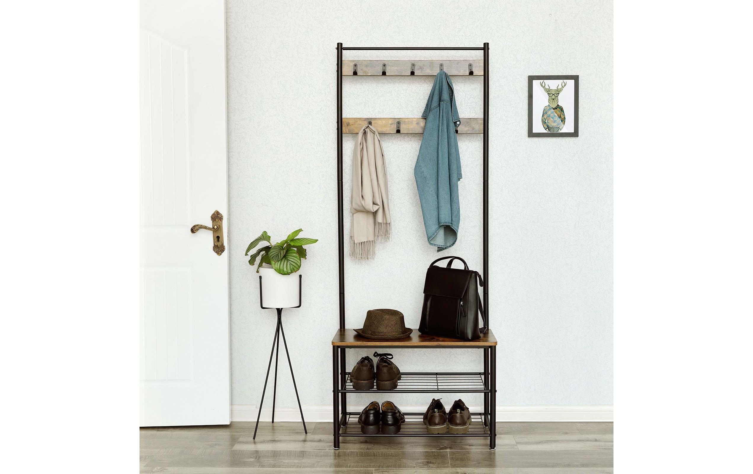 Garderobe mit Schuhablagen 175 cm, Braun/SchwarzKleiderständer mit Sitzbank