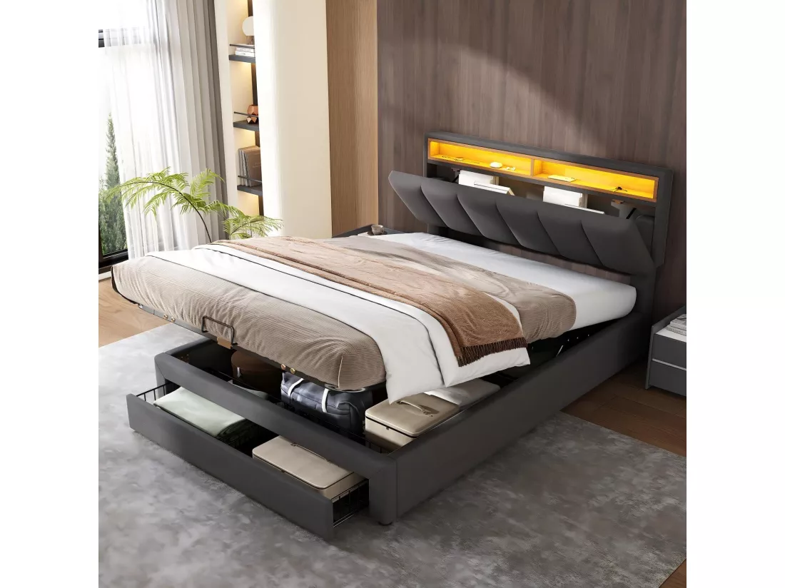 Lit coffre 140x200cm en lin Gris, avec LED et tête de lit rangeable, boîte de lit hydraulique