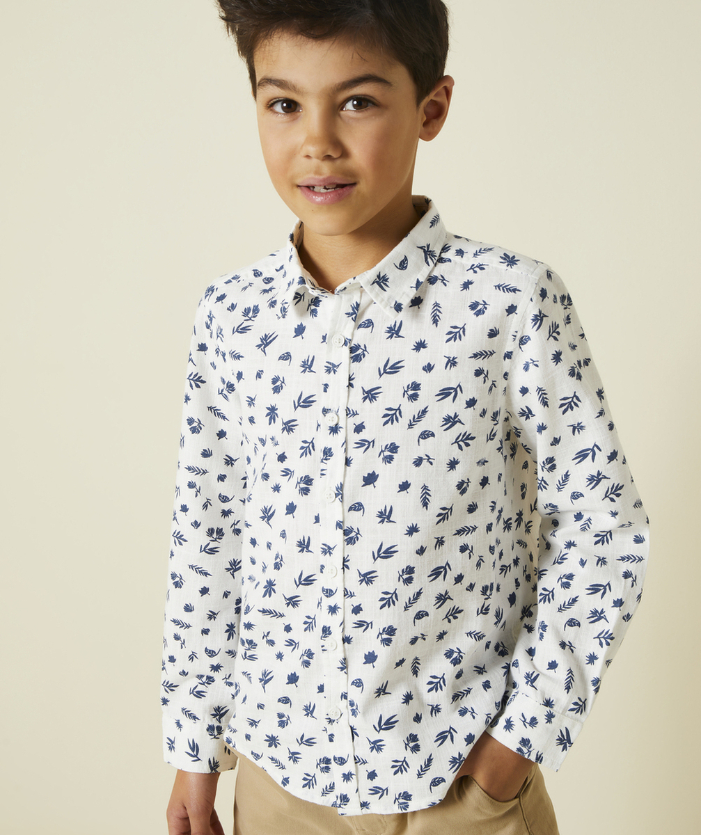 CHEMISE MANCHES LONGUES GARÇON BLANCHE AVEC IMPRIMÉ FEUILLES BLEUES
