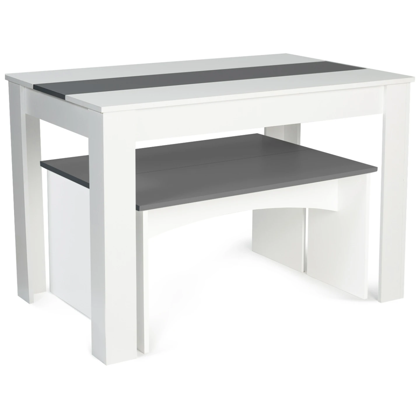 Ensemble table à manger et 2 bancs ROZY 4 personnes blanc et gris 110 cm