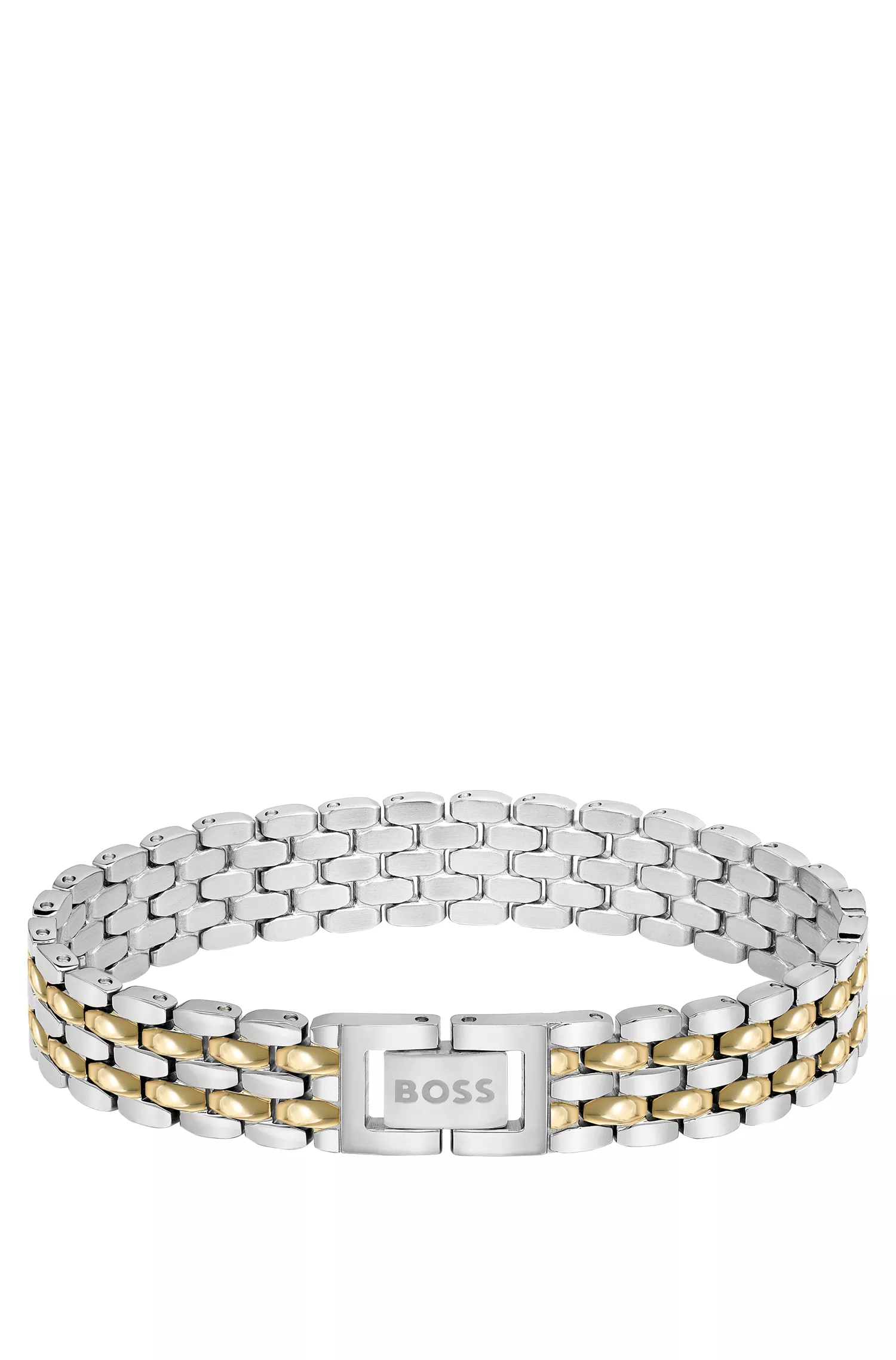 Pulseira BOSS preta com elos múltiplos e design bicolor.