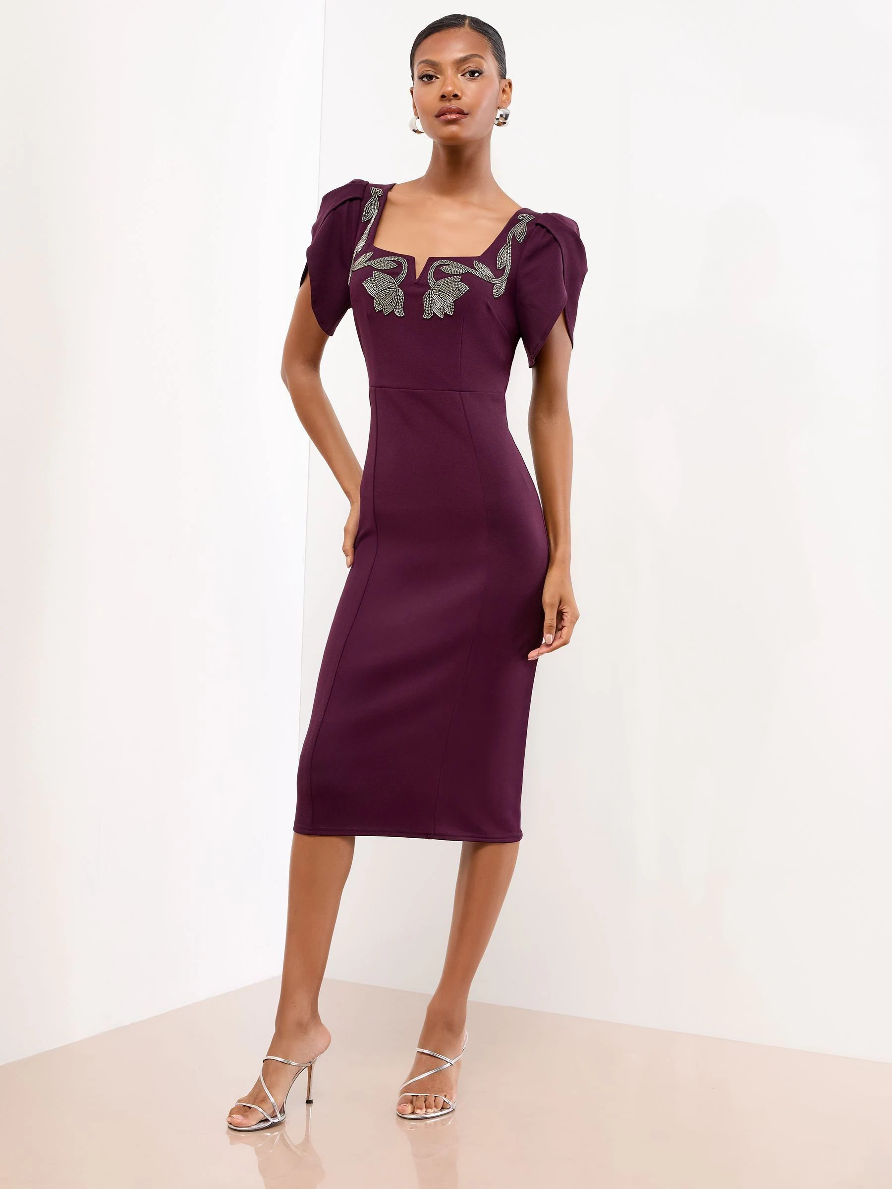 Lipsy Puff Sleeve Embellished Appliqué Bodycon Midi Dress