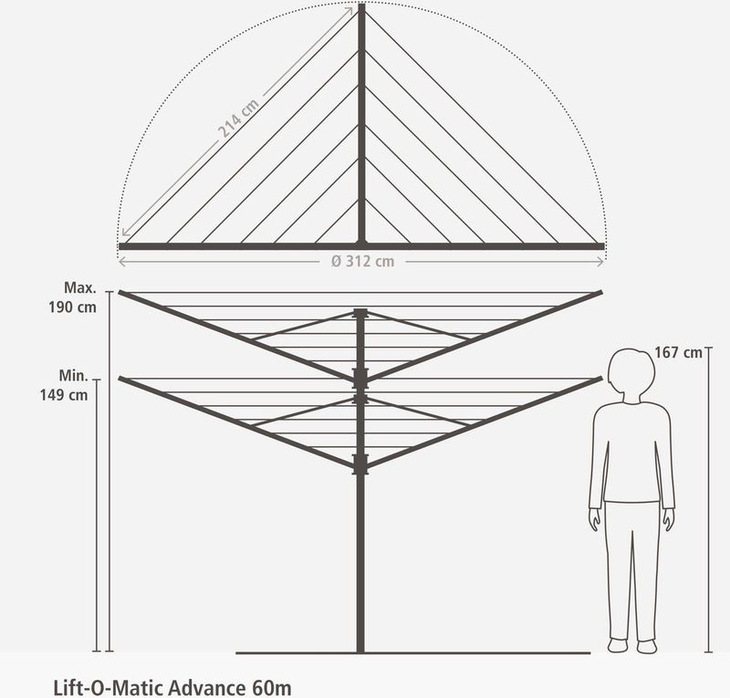 Brabantia Droogmolen Lift-O-Matic Advance - 60m - Aluminium - Inclusief Grondanker en Beschermhoes