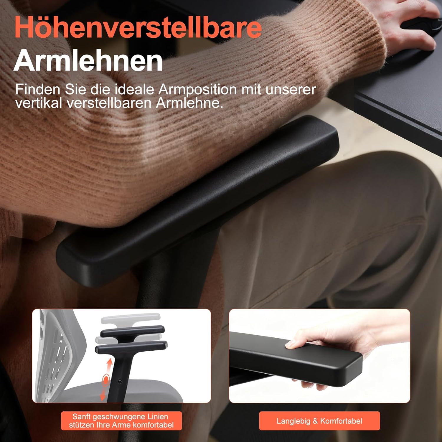 COMHOMA Ergonomischer Bürostuhl Schreibtischstuhl mit Verstellbaren Armlehnen, Gamingstuhl atmungsaktives Mesh, V-förmige Rückenlehne, Wippfunktion, Hochdichter Schaumstoffsitz, Schwarz