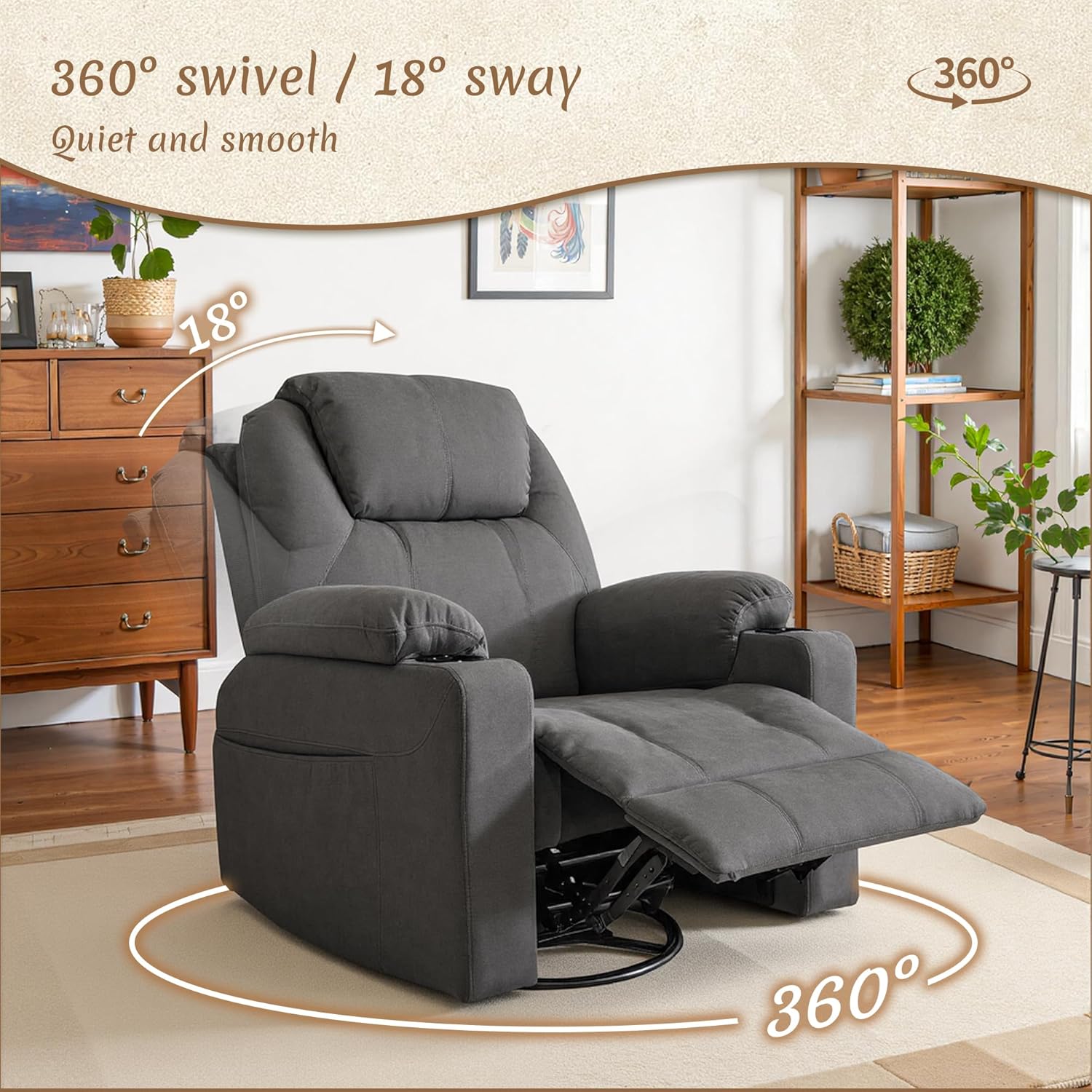 Liegesessel mit 360° Schwenk- und Wippfunktion, Fauteuil TV réglable manuellement, geeignet für Wohnzimmer als Relaxsessel und Kinderbetreuungssessel, Dunkelgrau