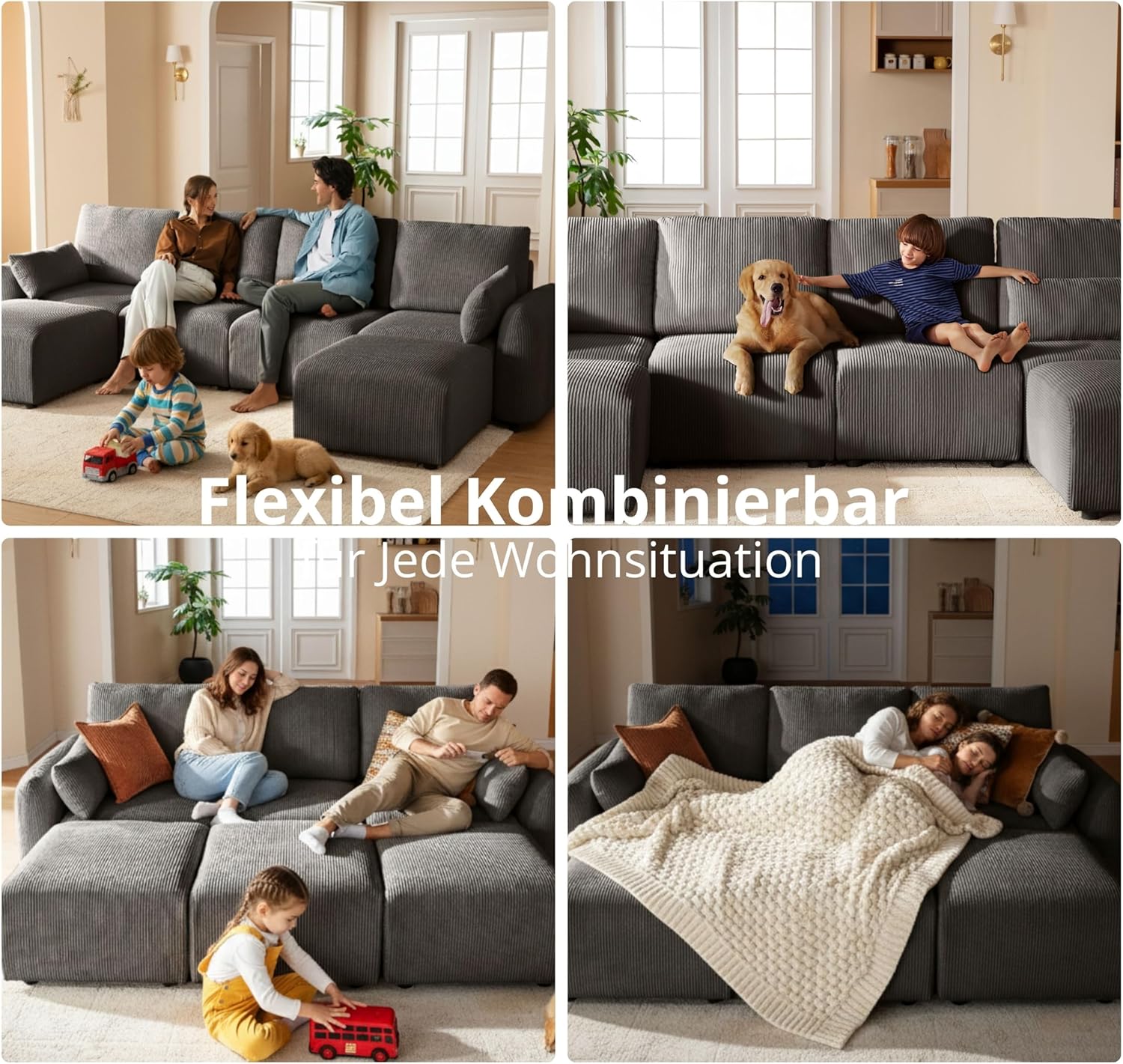 2 Sitzer Cord Kleine Sofas für Kleine Räume, Modulares Ecksofa 184cm, Individuell konfigurierbare Wohnlandschaft, hochdichter Memory-Schaum, abnehmbare & waschbare Kissenbezüge, Grau
