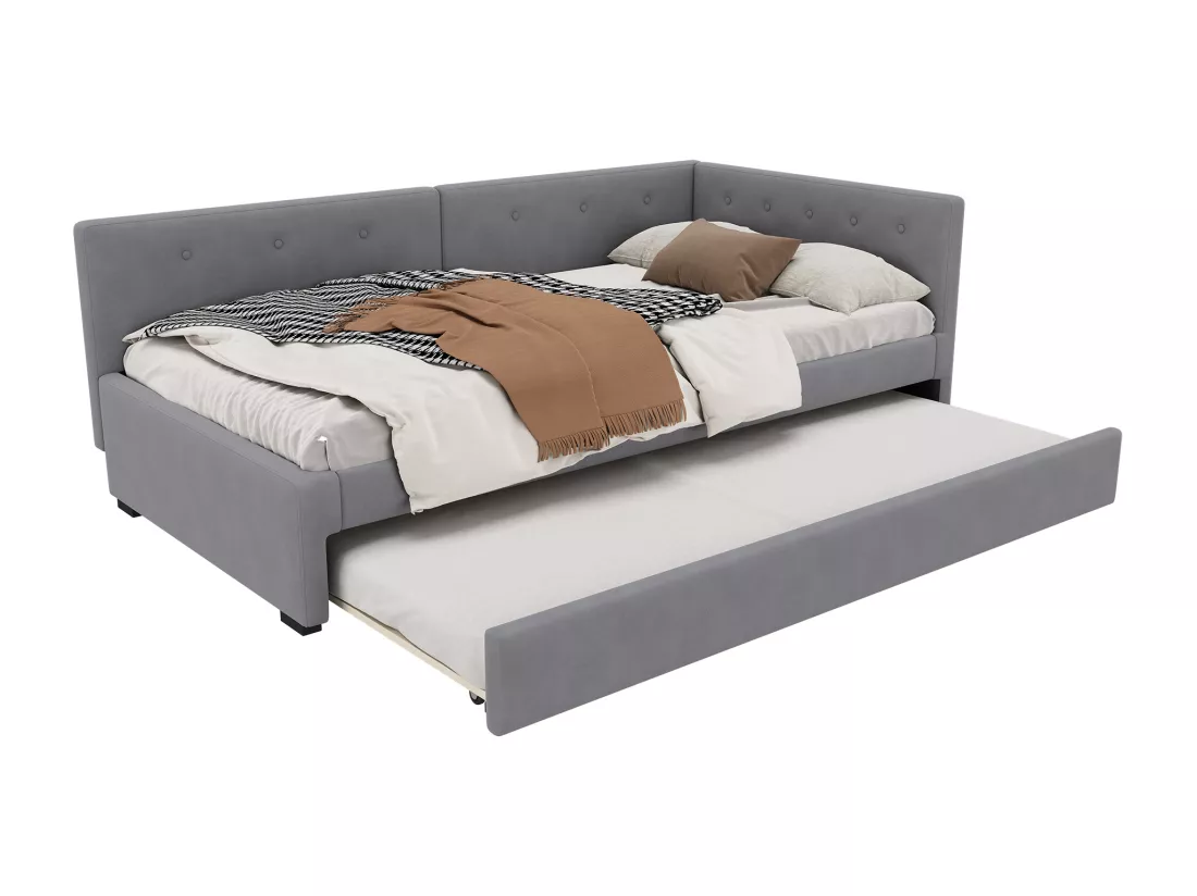 Lit gigogne 140 x 200 cm + 90 x 190 cm avec tête de lit - velours - gris