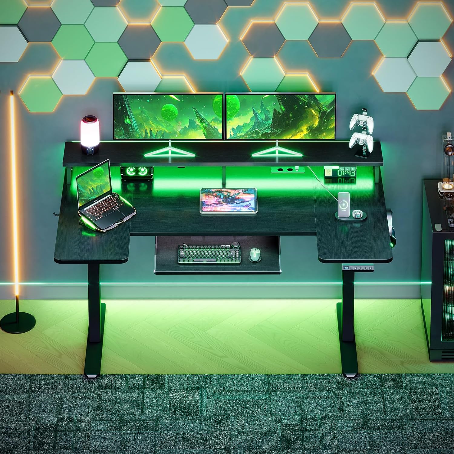OffiGo U-förmiges Höhenverstellbarer Schreibtisch, 140 cm Elektrischer Steh-Sitz Tisch mit Monitorständer, Steckdosen & USB-Ladeanschluss, Standing Desk mit LED, Gaming & Office Computertisch, Schwarz