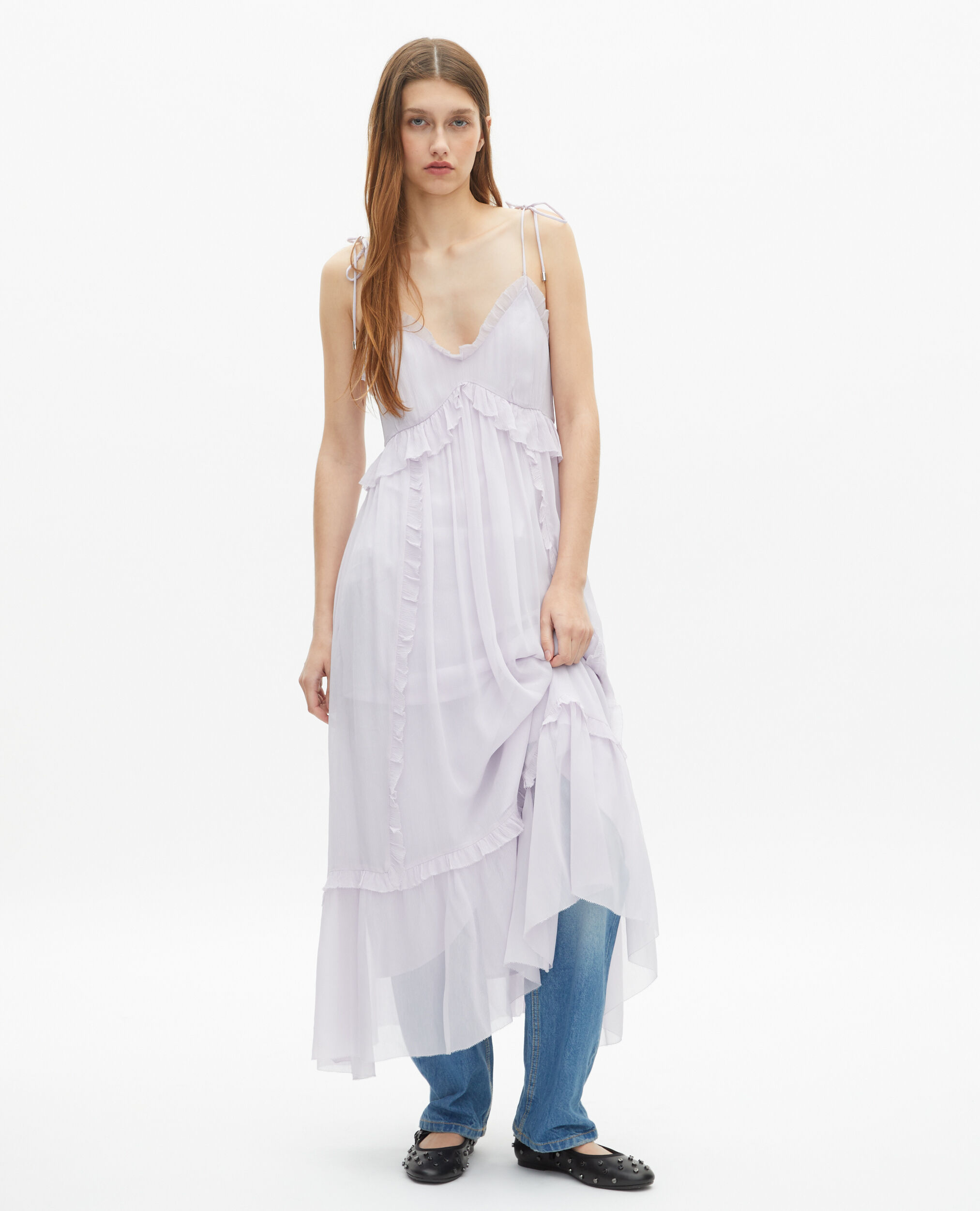 Robe longue avec volants lilas