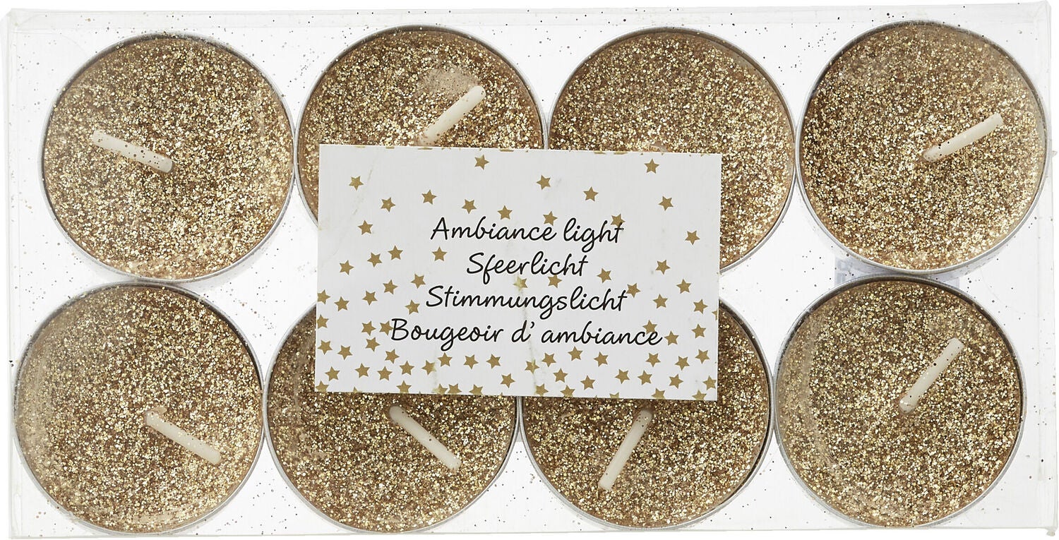 Waxinelicht goud 6 uur D 3,8 cm 8 stuks