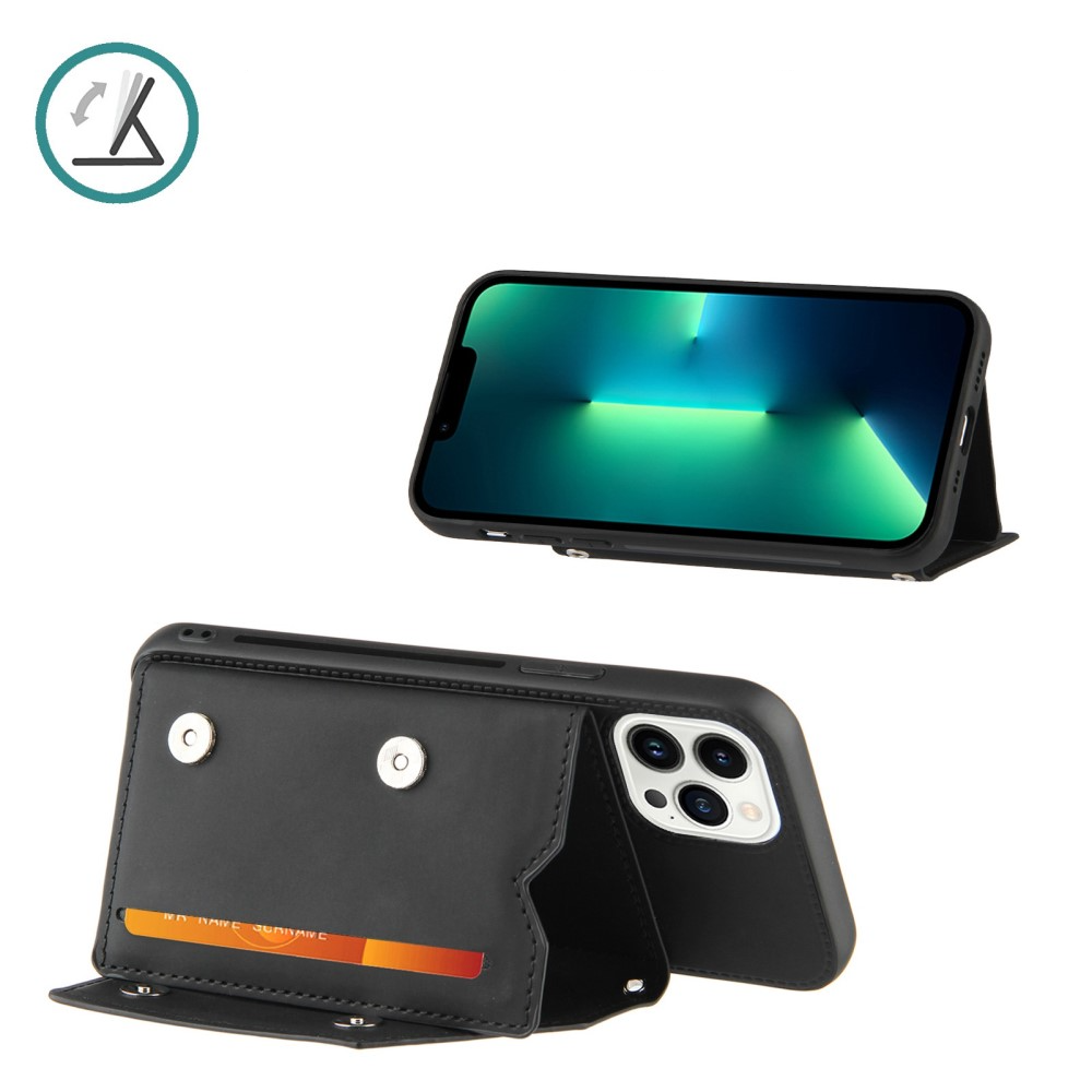 iPhone 15 Pro Necklace Leder Schutz Hülle mit Kartenfächer   Handykette (150cm) - Schwarz