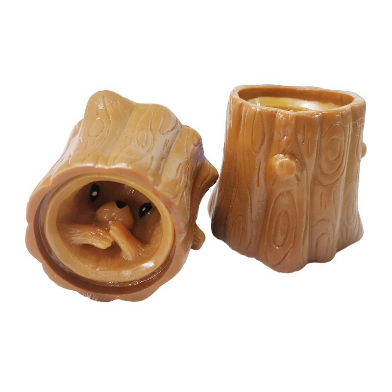 (2er Set) Anti Stress Silikon Knautsch Spielzeug Fidget Spiel - Baumstamm mit Biber