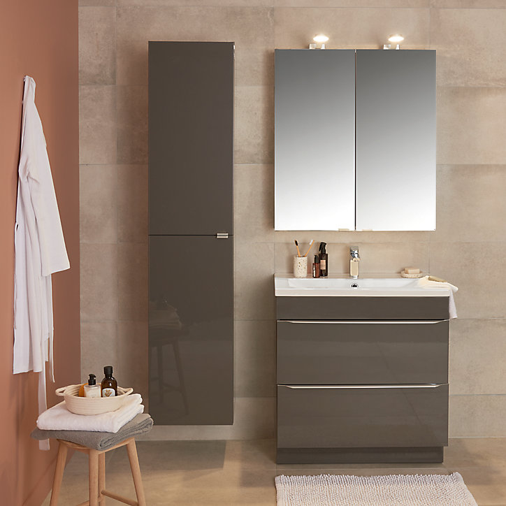 Ensemble l.80 cm meuble sous vasque Imandra gris taupé à poser + plan vasque Nira céramique blanc