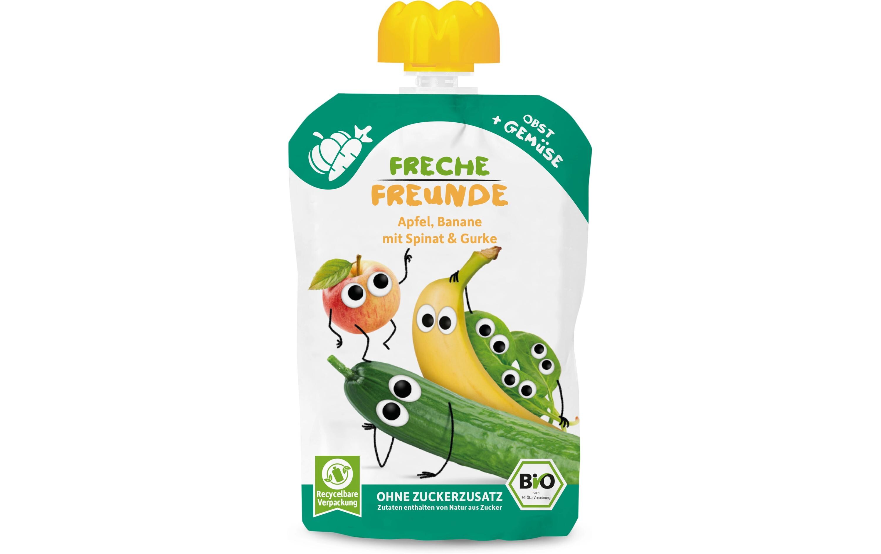 Quetschbeutel Apfel Banane Spinat & Gurke Bio 100 gBio-Apfel-Bananenpüree mit Gemüse