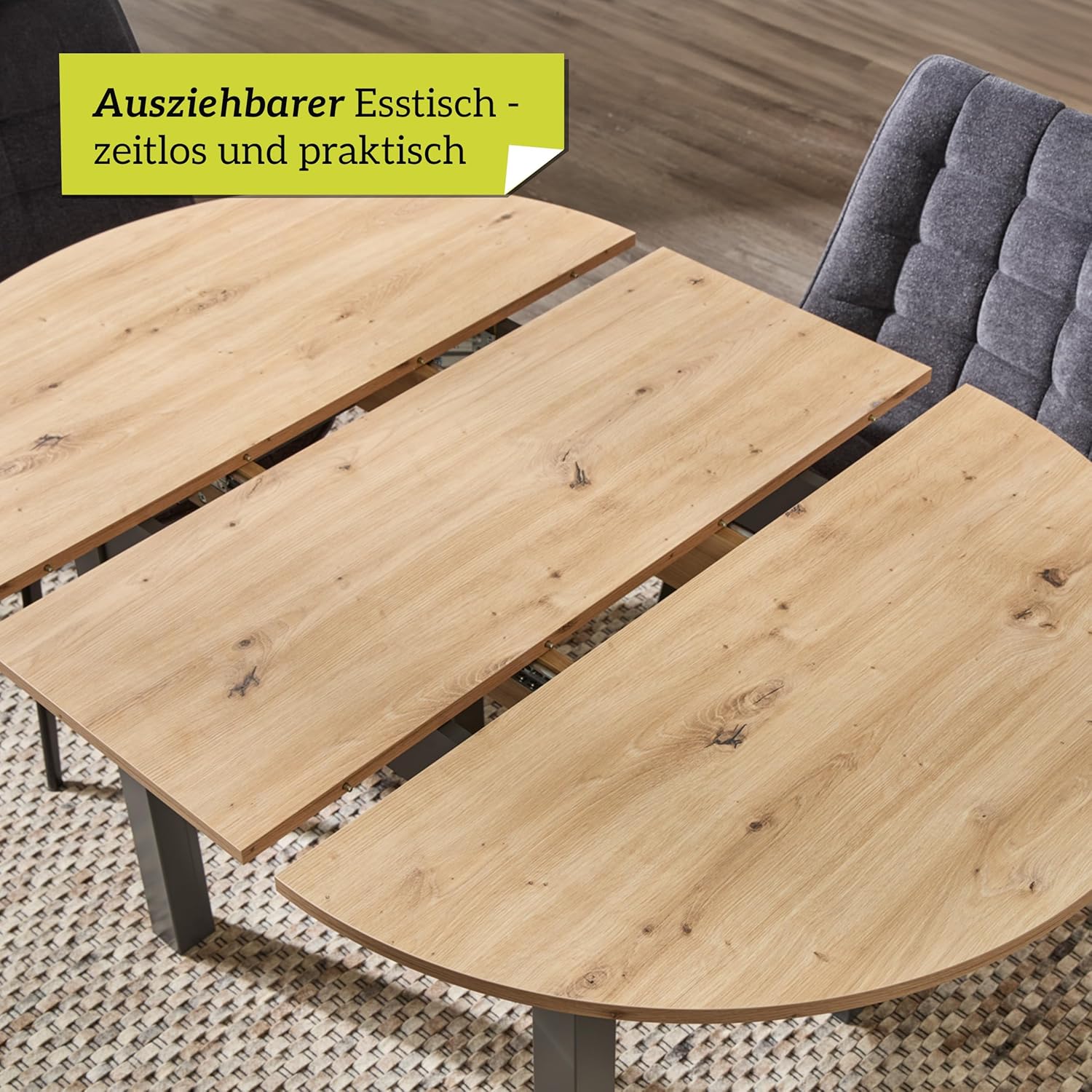 smart Esstisch Rund 100 cm Asteiche, Küchentisch ausziehbar bis 140 cm, Esszimmertisch aus Holzwerkstoff inkl. erweiterbare Auszugsplatte, moderner Tisch für bis zu 6 Personen