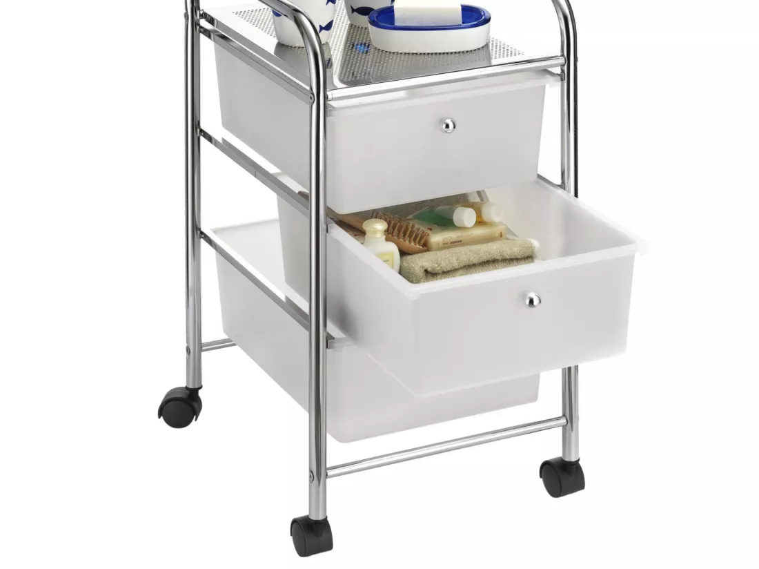 Caisson sur roulettes GINA chariot avec 3 tiroirs en plastique blanc transparent et 1 étagère, rangement salle de bain métal chromé