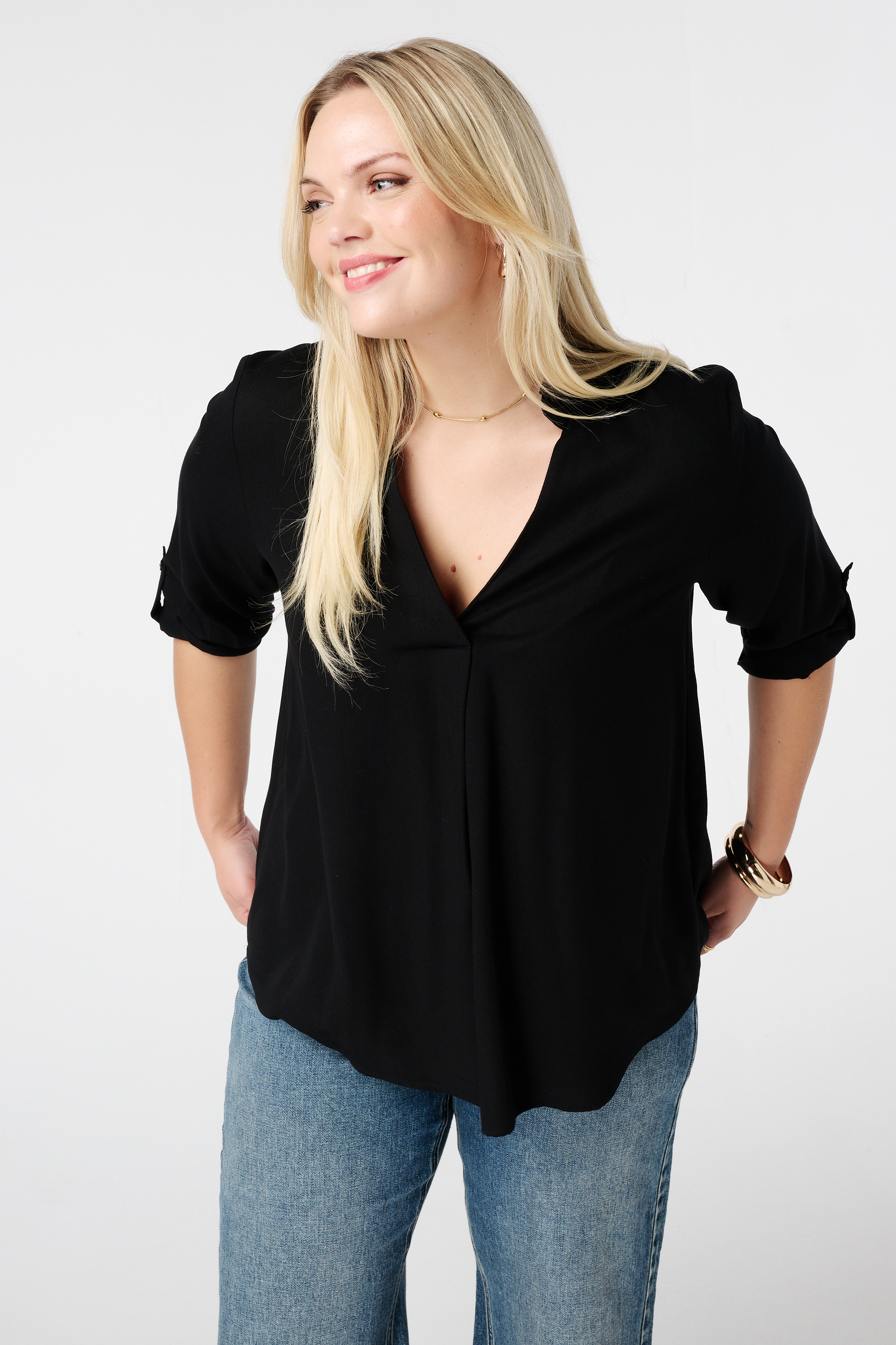 Blouse met opgerolde mouwen Zwart