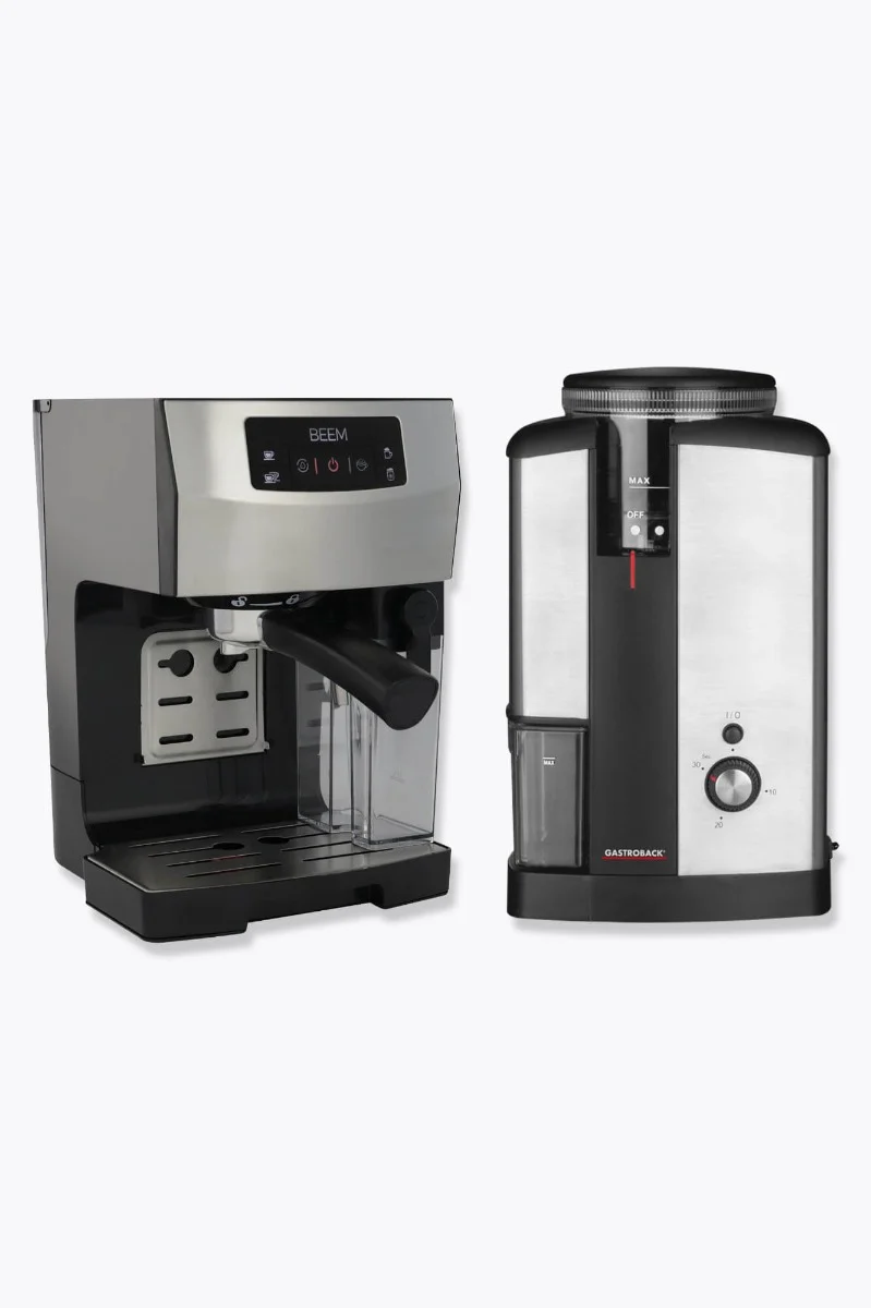 BEEM Siebträgermaschine Espresso Classico II, Schwarz/Edelstahl + Gastroback Design Kaffeemühle Advanced