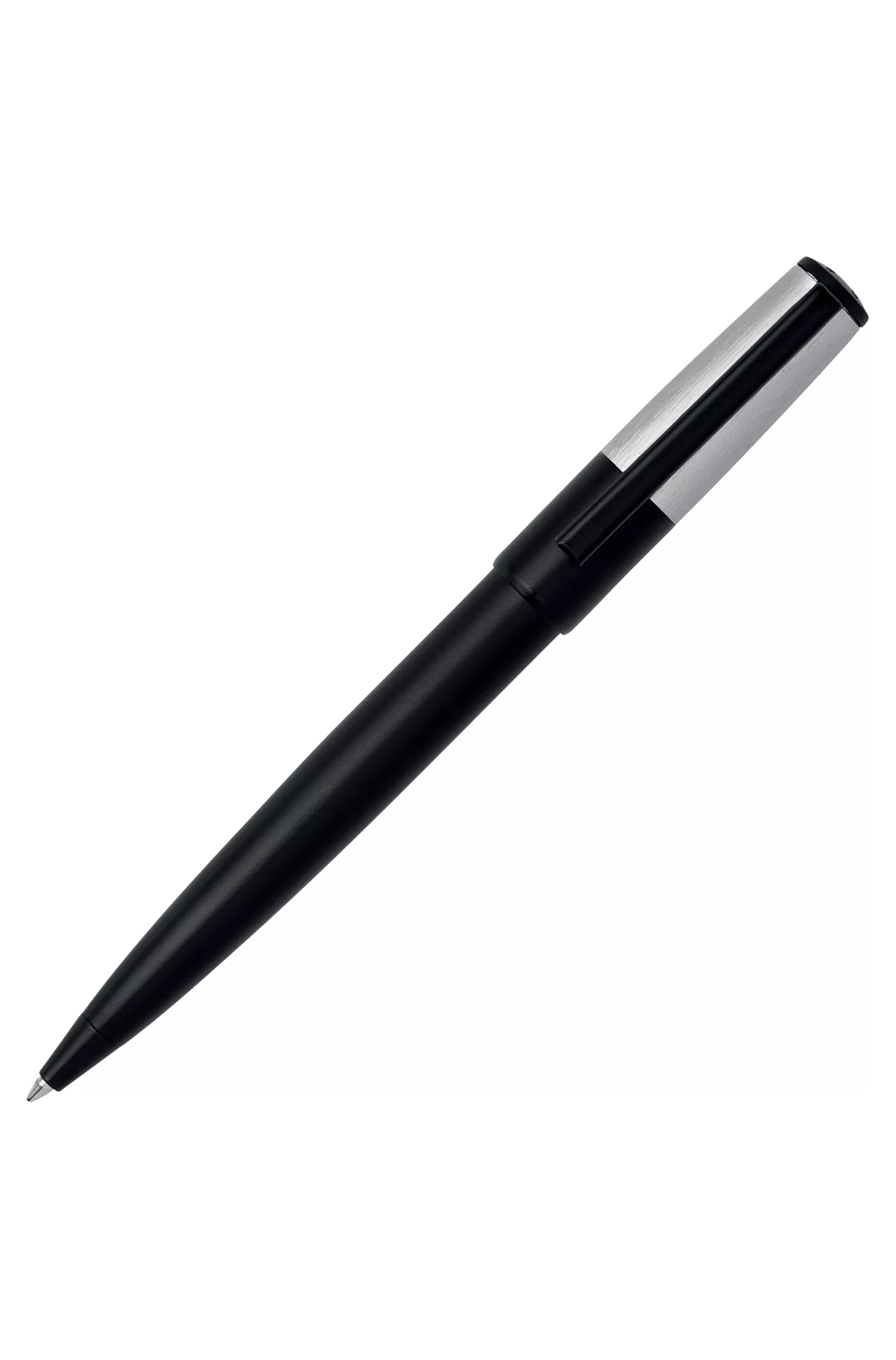 Caneta esferográfica BOSS preta com acabamento escovado em preto e detalhes cromados.